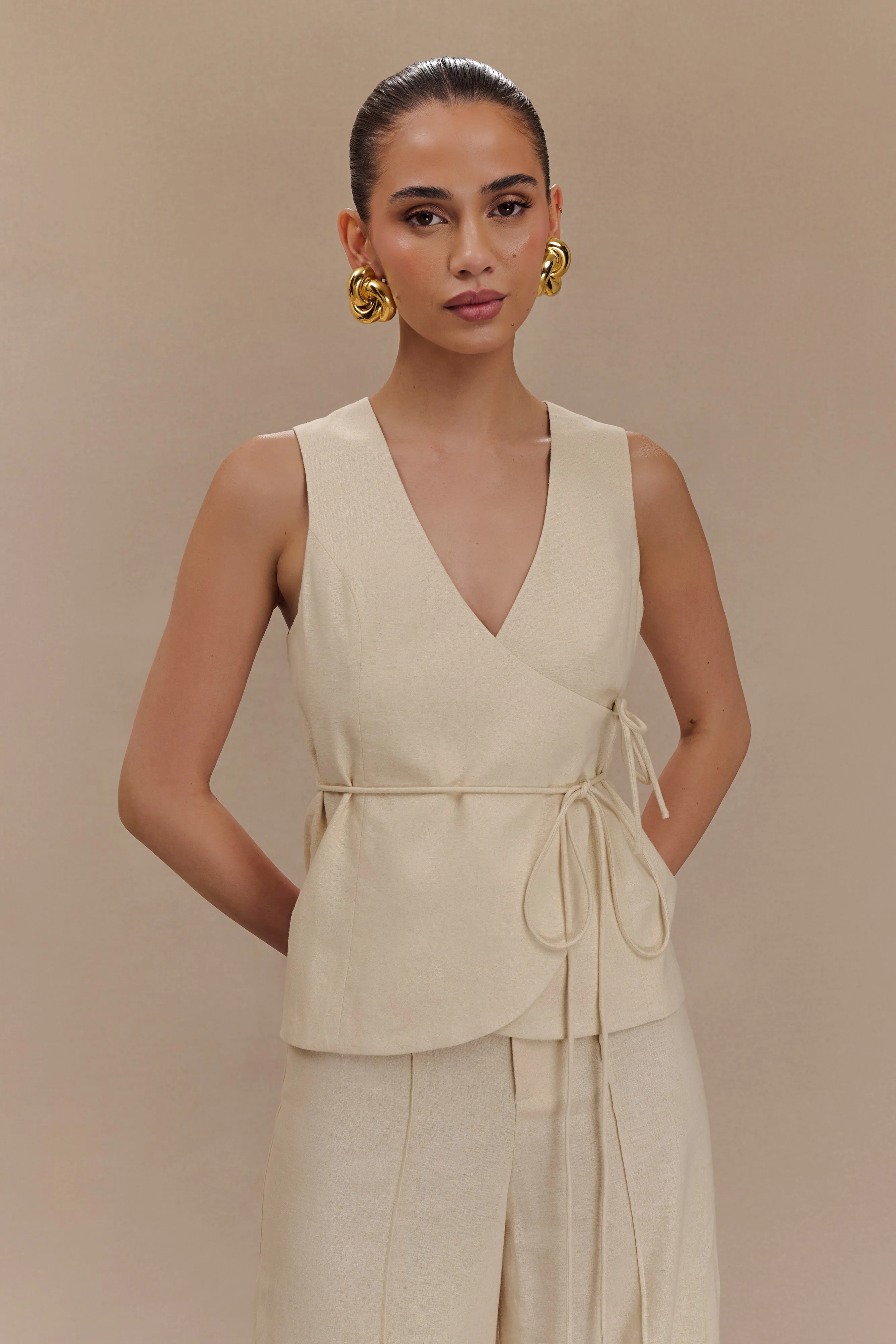 Brandi Linen Sleeveless Wrap Top - Wheat Marle sold by Meshki