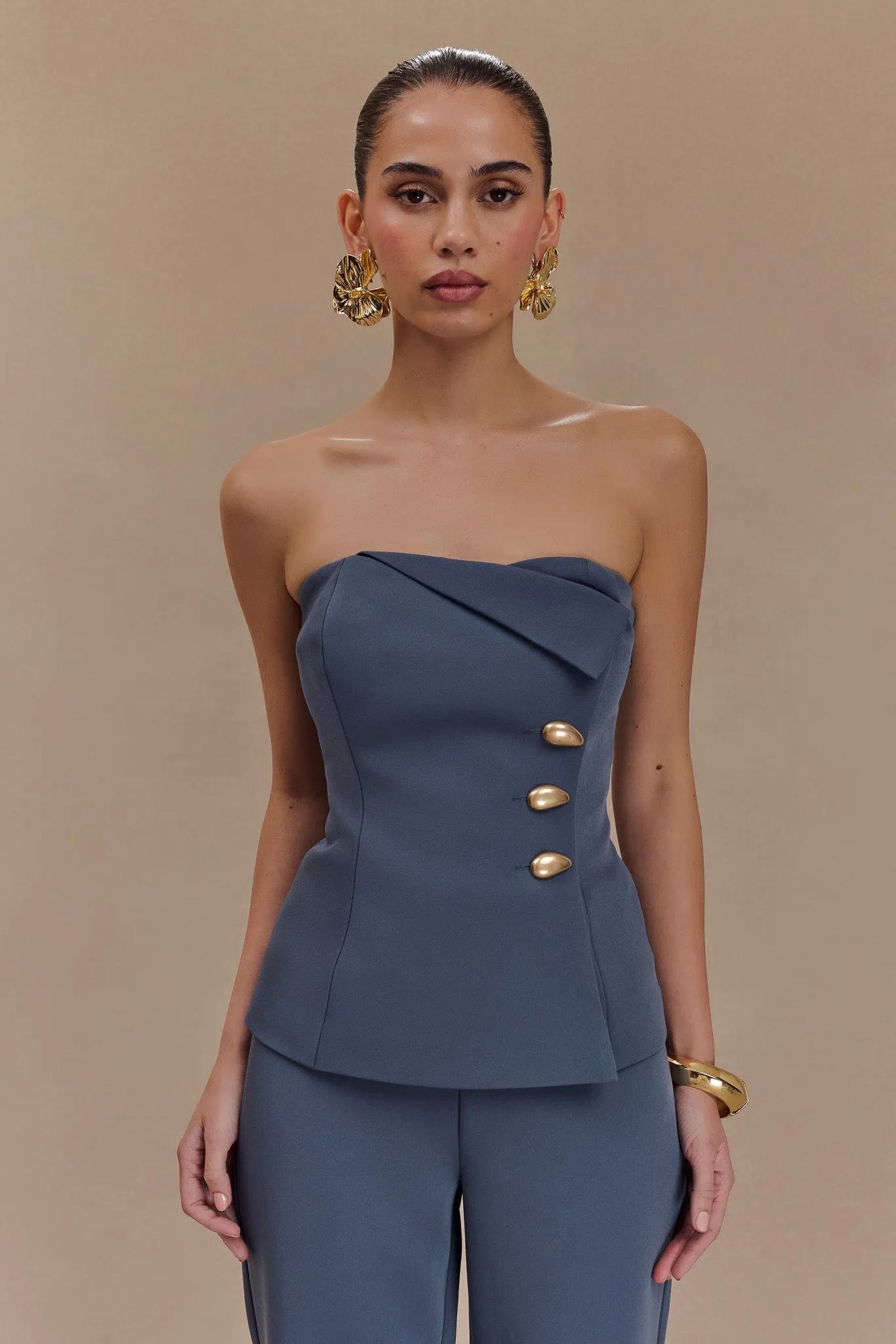 Lindie Strapless Suiting Top - Steel sold by Meshki