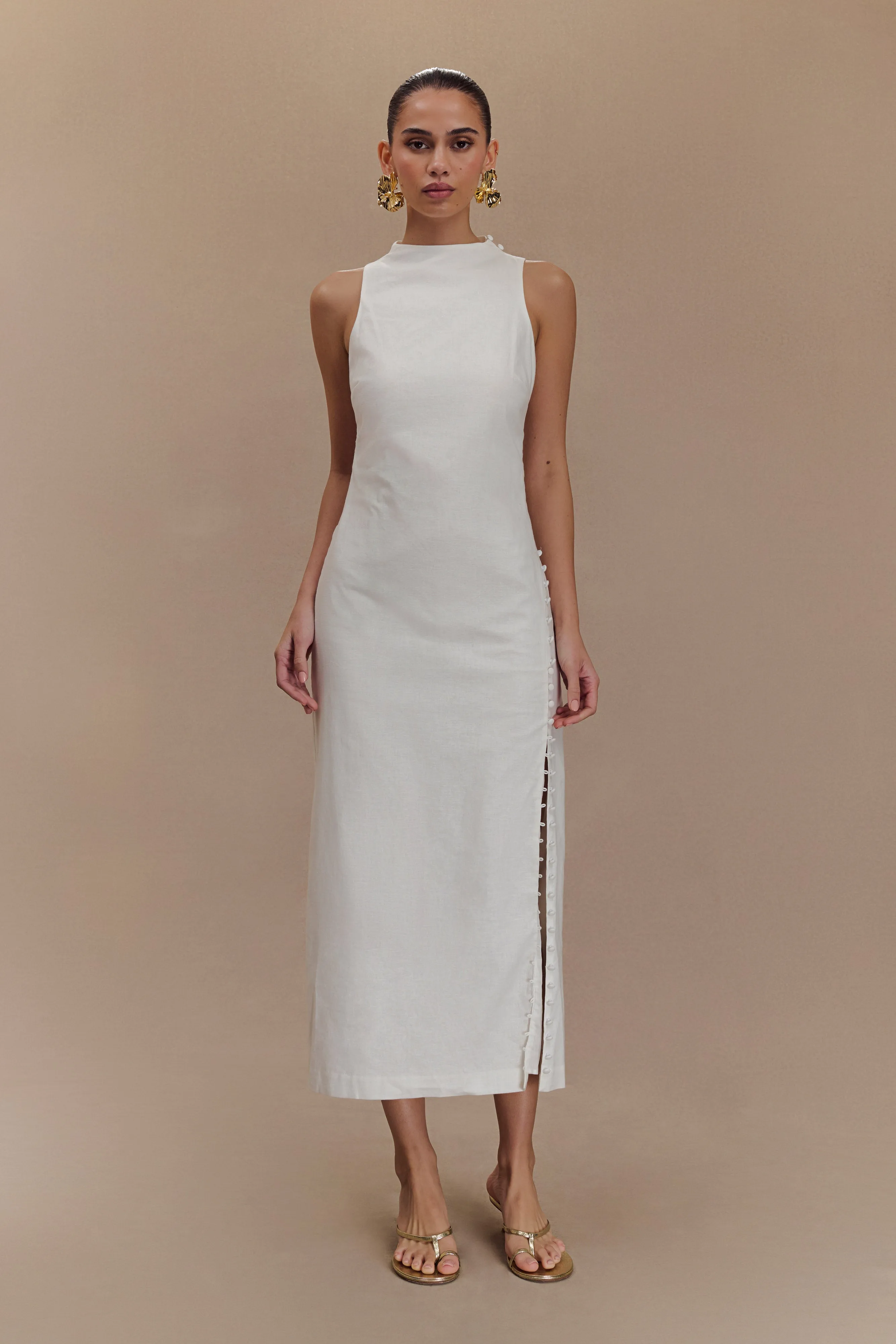 Bronte Linen Button Midi Dress - White sold by Meshki