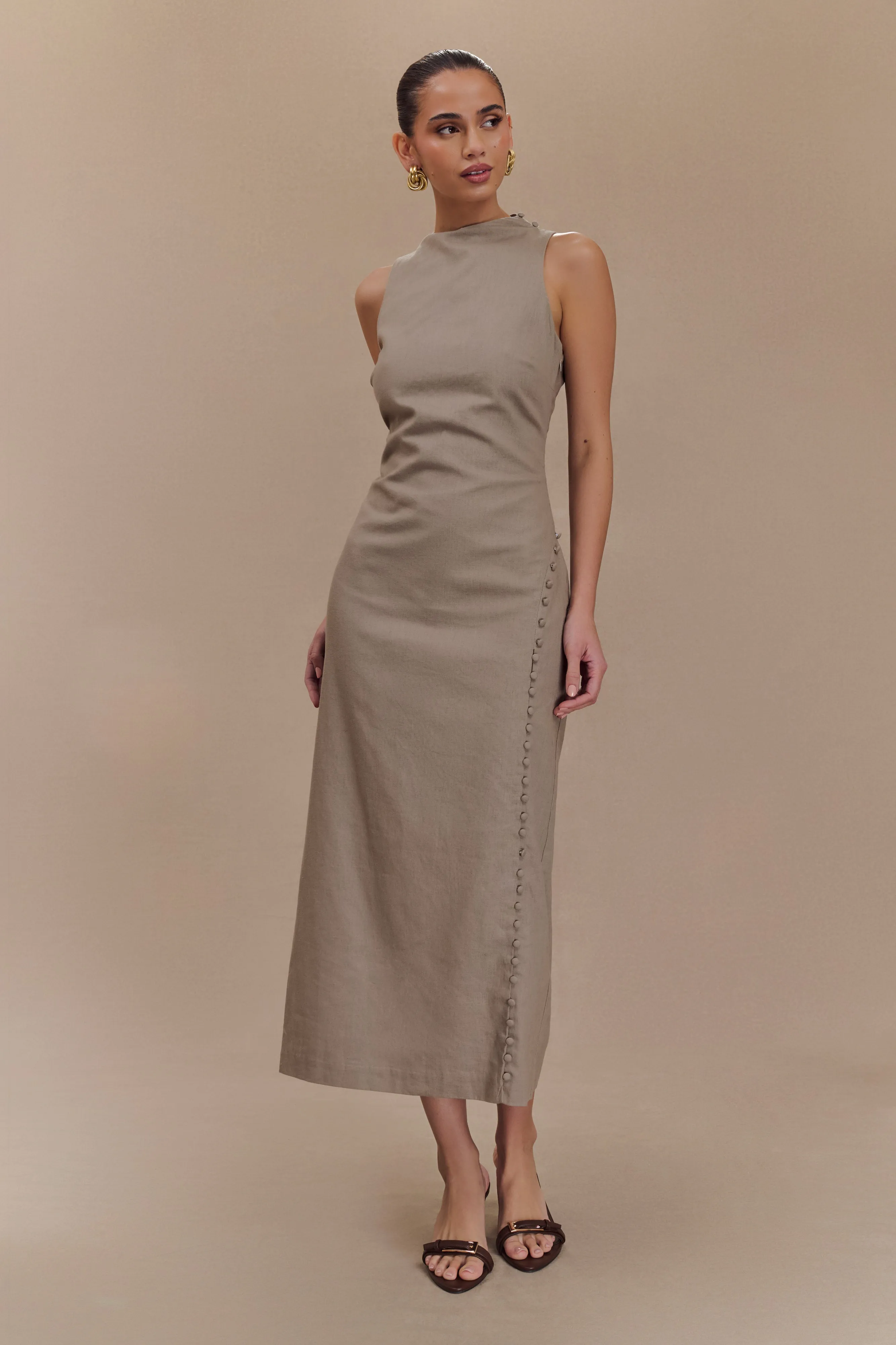 Bronte Linen Button Midi Dress - Pebble sold by Meshki product image thumbnail 2