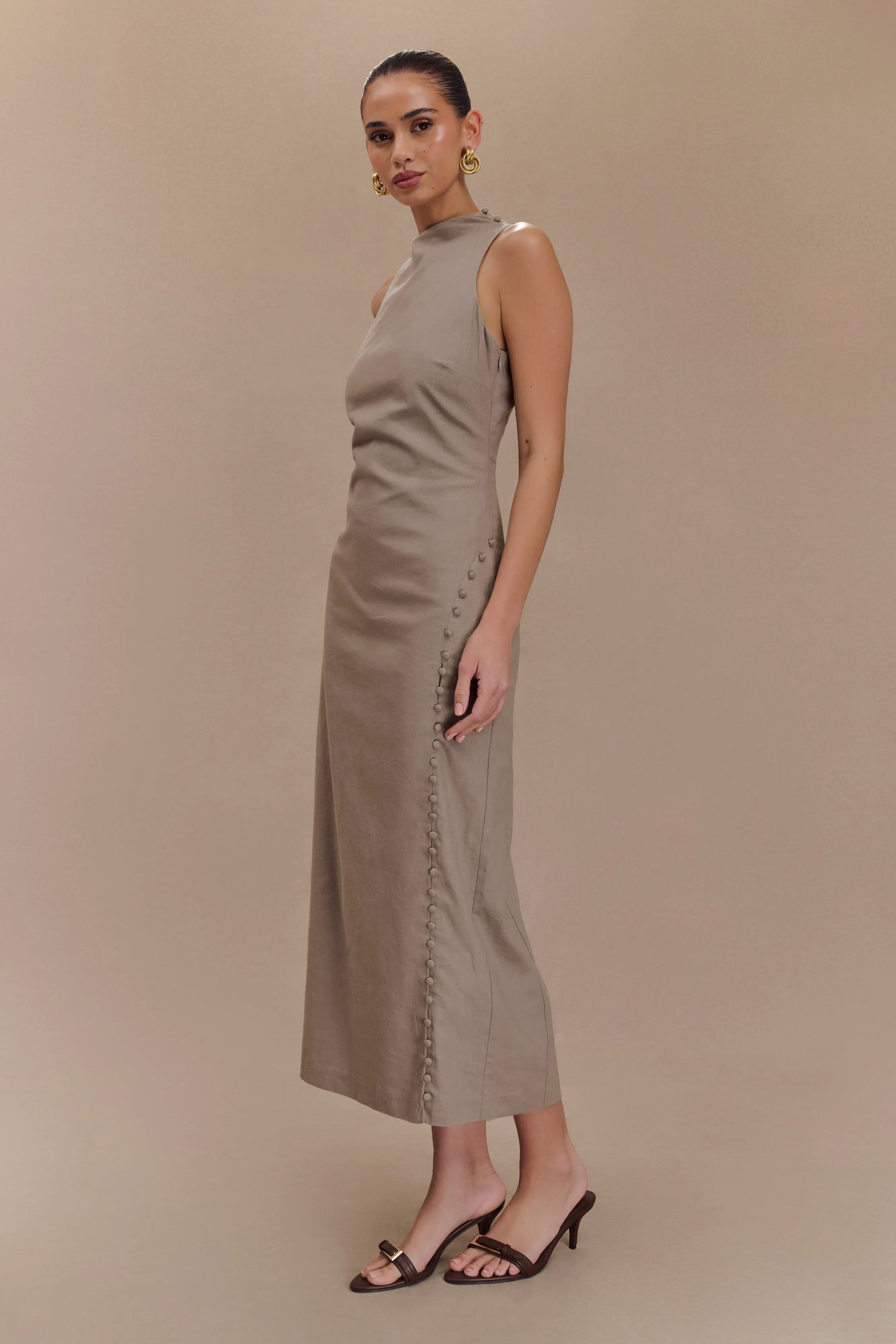 Bronte Linen Button Midi Dress - Pebble sold by Meshki product image thumbnail 3