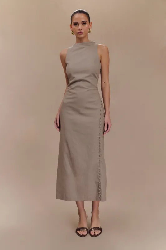 Bronte Linen Button Midi Dress - Pebble sold by Meshki