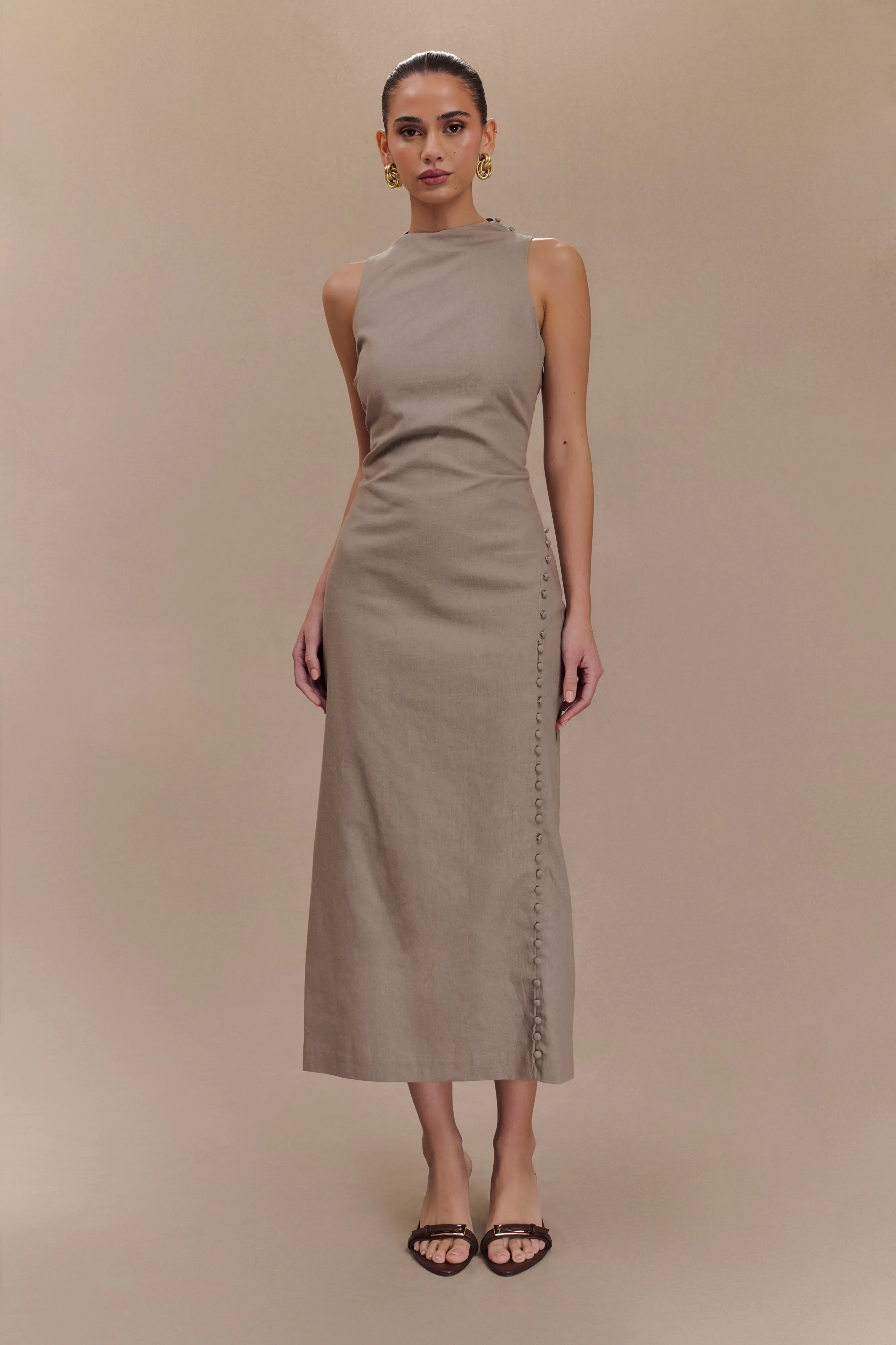 Bronte Linen Button Midi Dress - Pebble sold by Meshki