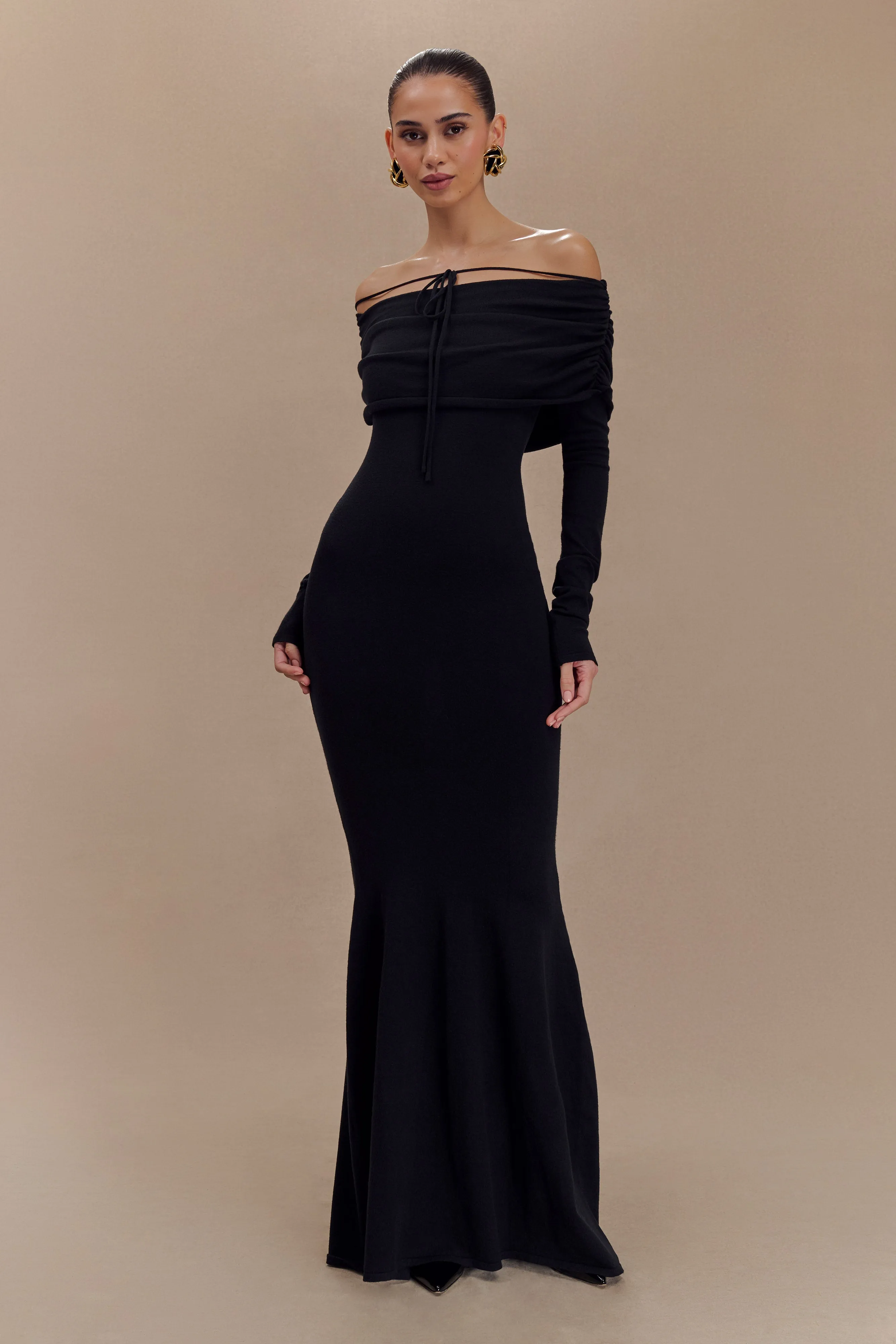 Georgiana Off Shoulder Knit Midi Dress - Black sold by Meshki