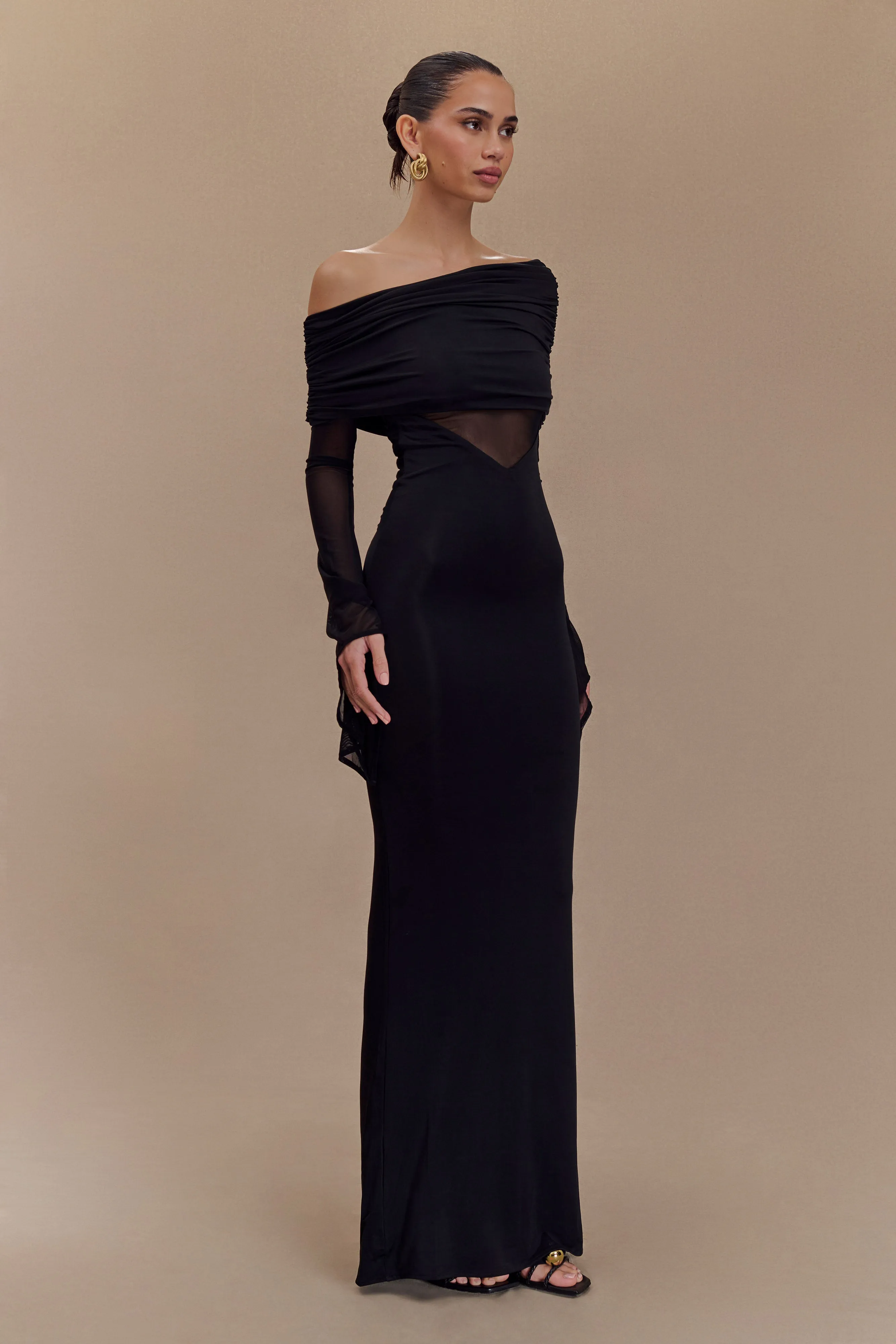 Kaitlin One Shoulder Slinky And Mesh Maxi Dress - Black sold by Meshki product image thumbnail 3