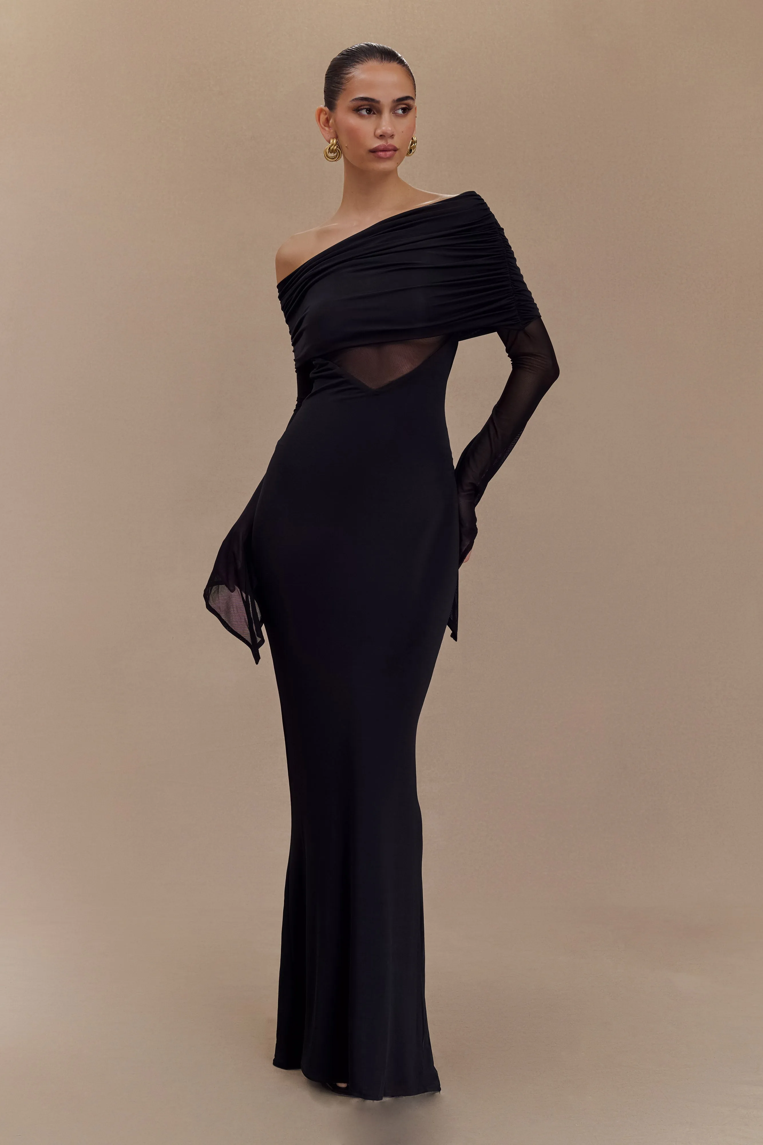 Kaitlin One Shoulder Slinky And Mesh Maxi Dress - Black sold by Meshki