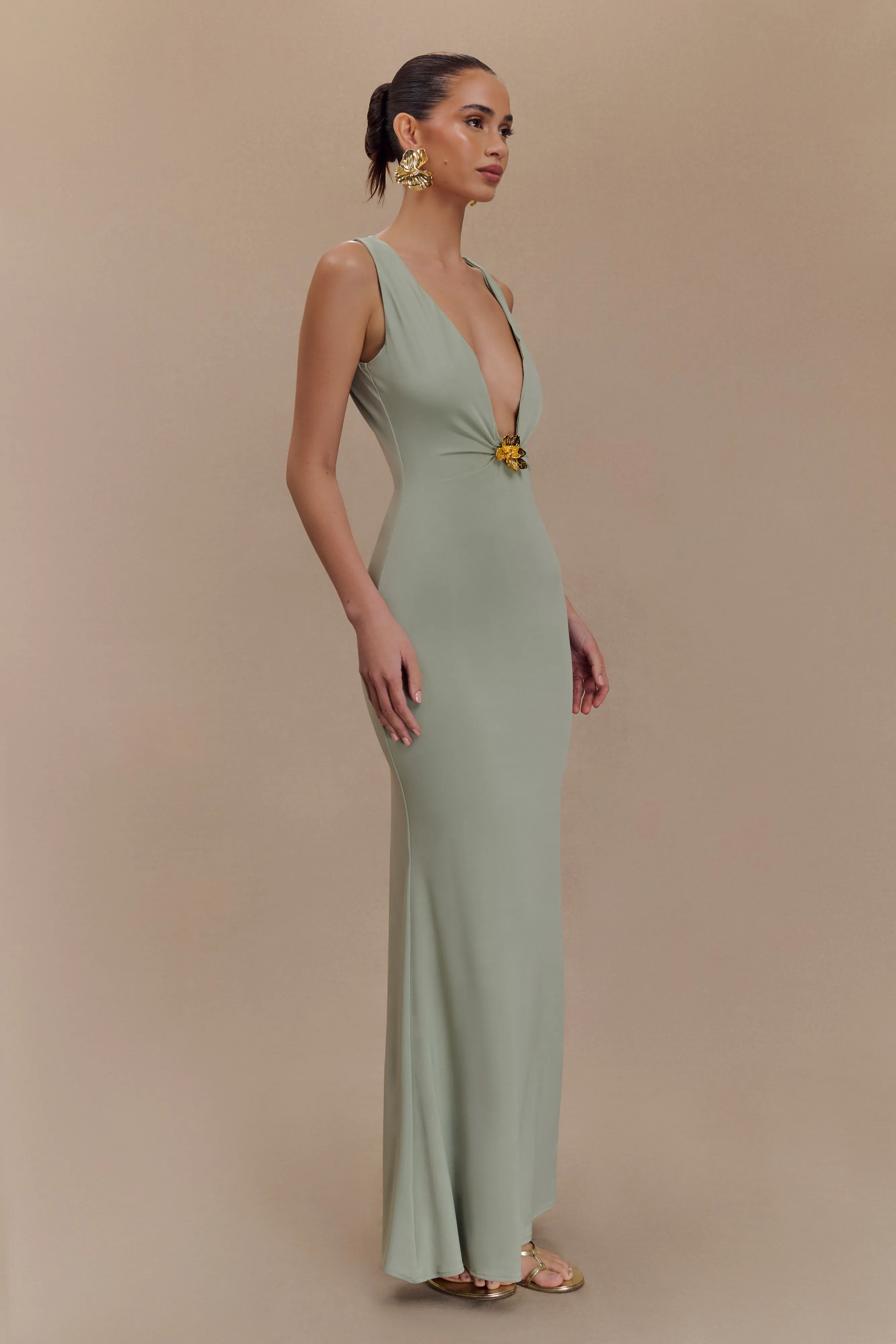 Beck Plunge Maxi Dress With Floral Hardware - Basil sold by Meshki product image thumbnail 4