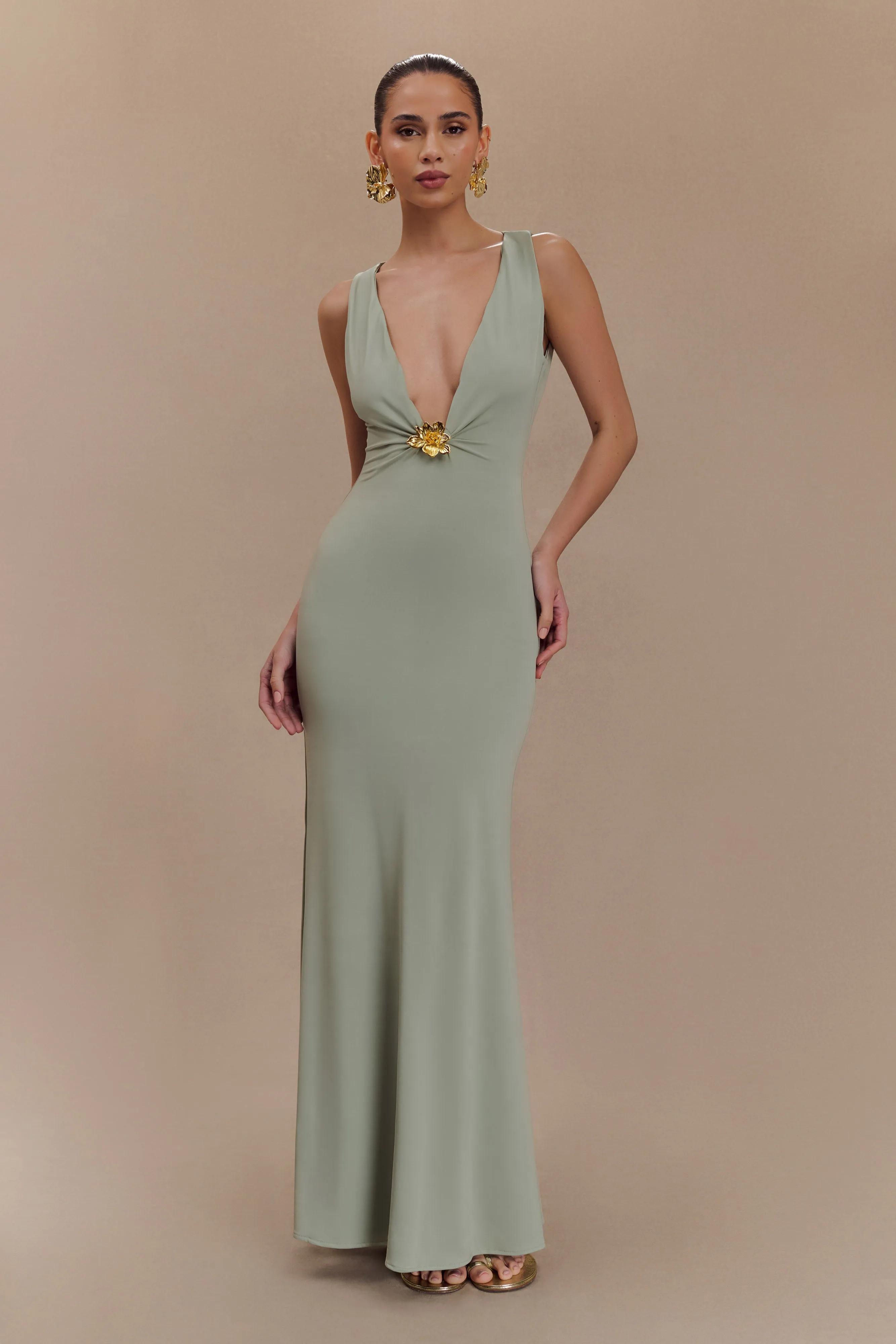 Beck Plunge Maxi Dress With Floral Hardware - Basil sold by Meshki