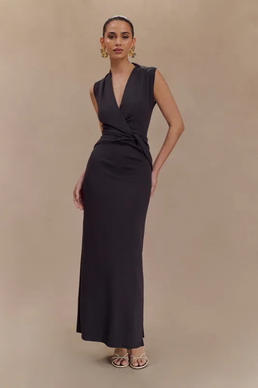 Lorelei Crepe Twist Midi Dress - Dark Charcoal sold by Meshki