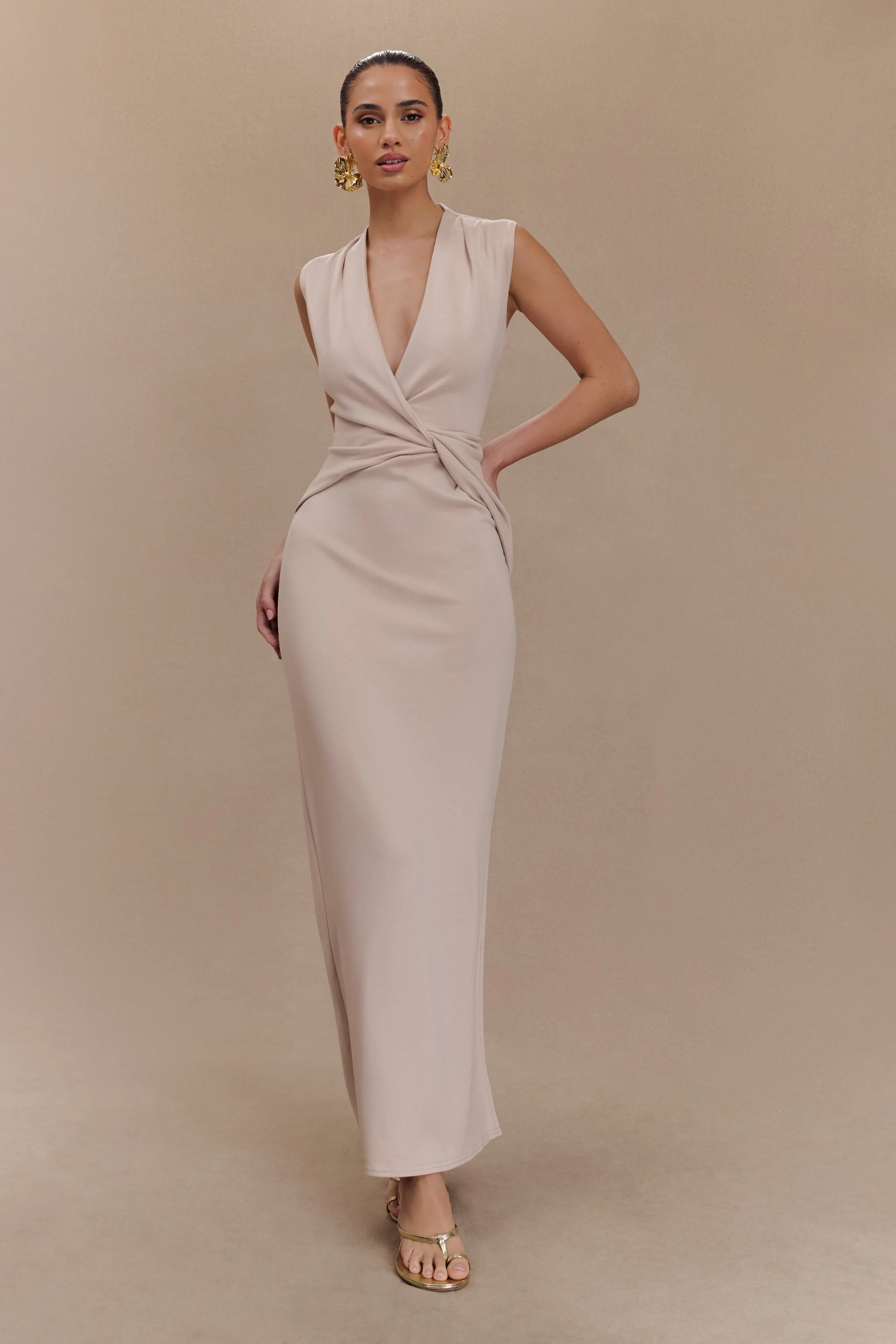 Lorelei Crepe Twist Midi Dress - Taupe sold by Meshki product image thumbnail 5