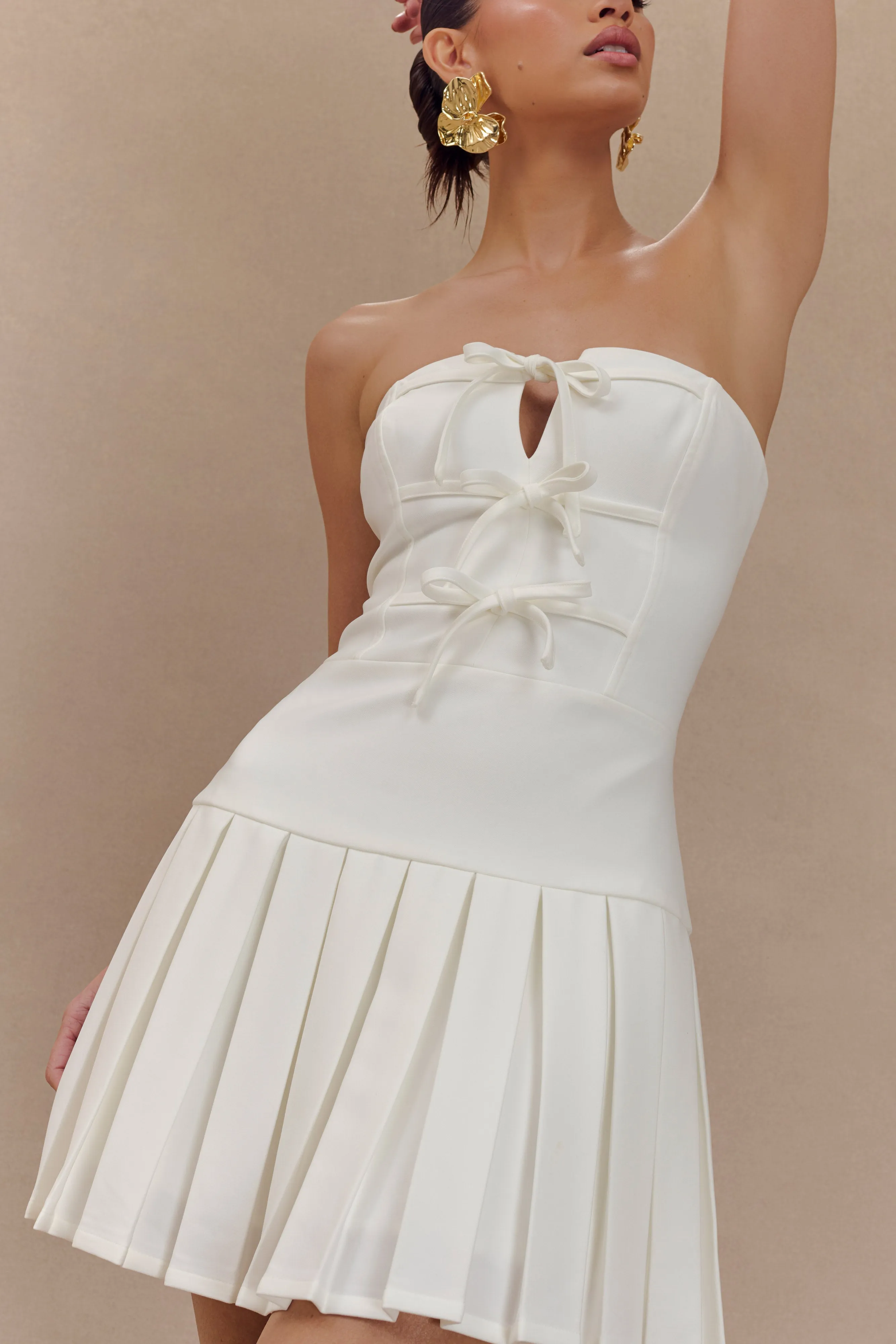 Naya Pleated Mini Dress With Ties - White sold by Meshki product image thumbnail 5