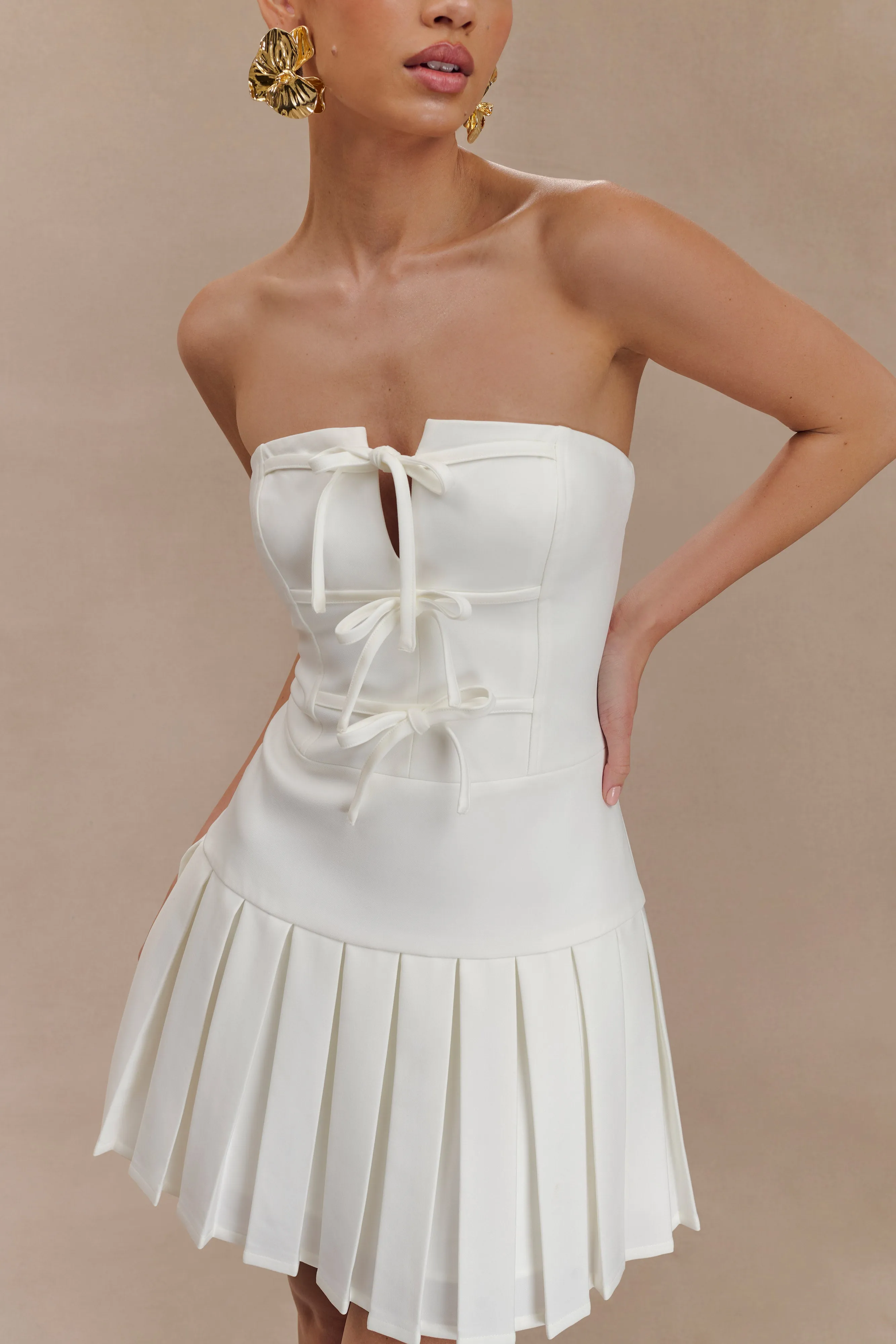 Naya Pleated Mini Dress With Ties - White sold by Meshki product image thumbnail 3