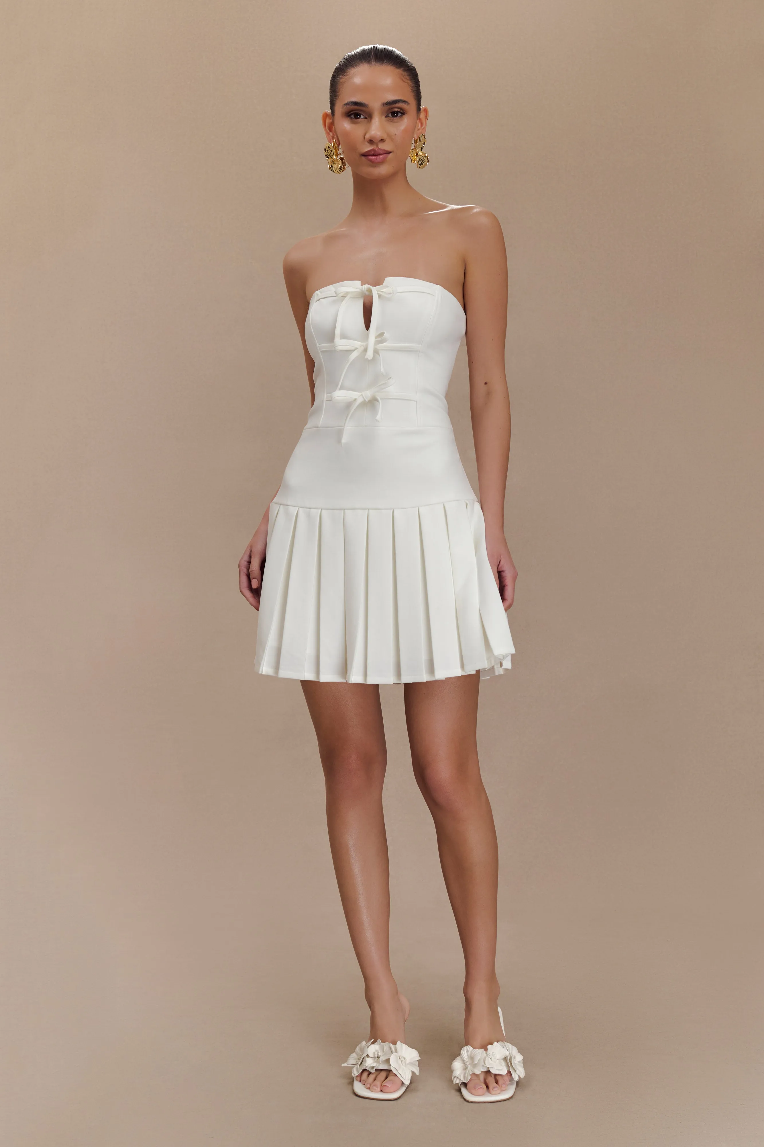 Naya Pleated Mini Dress With Ties - White sold by Meshki product image thumbnail 4