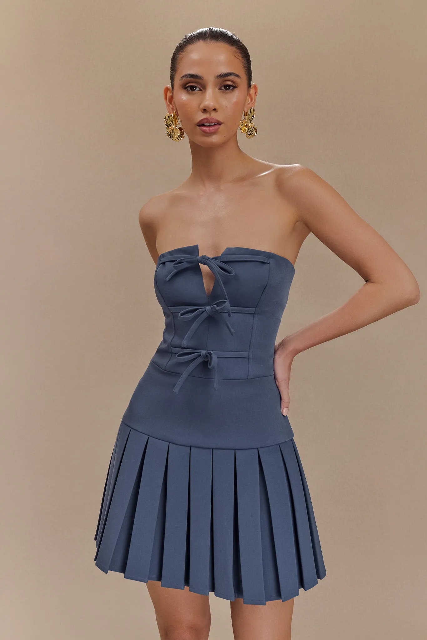 Naya Pleated Mini Dress With Ties - Steel sold by Meshki product image thumbnail 5