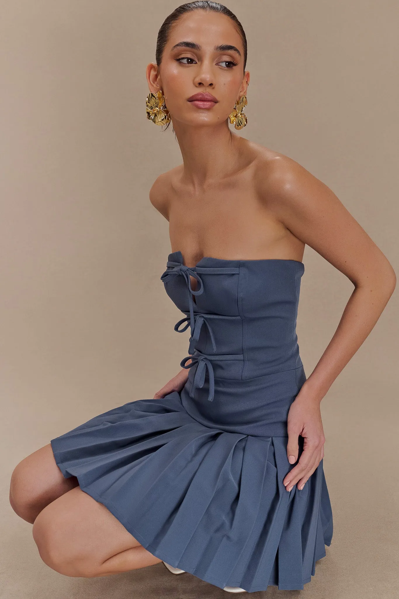 Naya Pleated Mini Dress With Ties - Steel sold by Meshki product image thumbnail 4