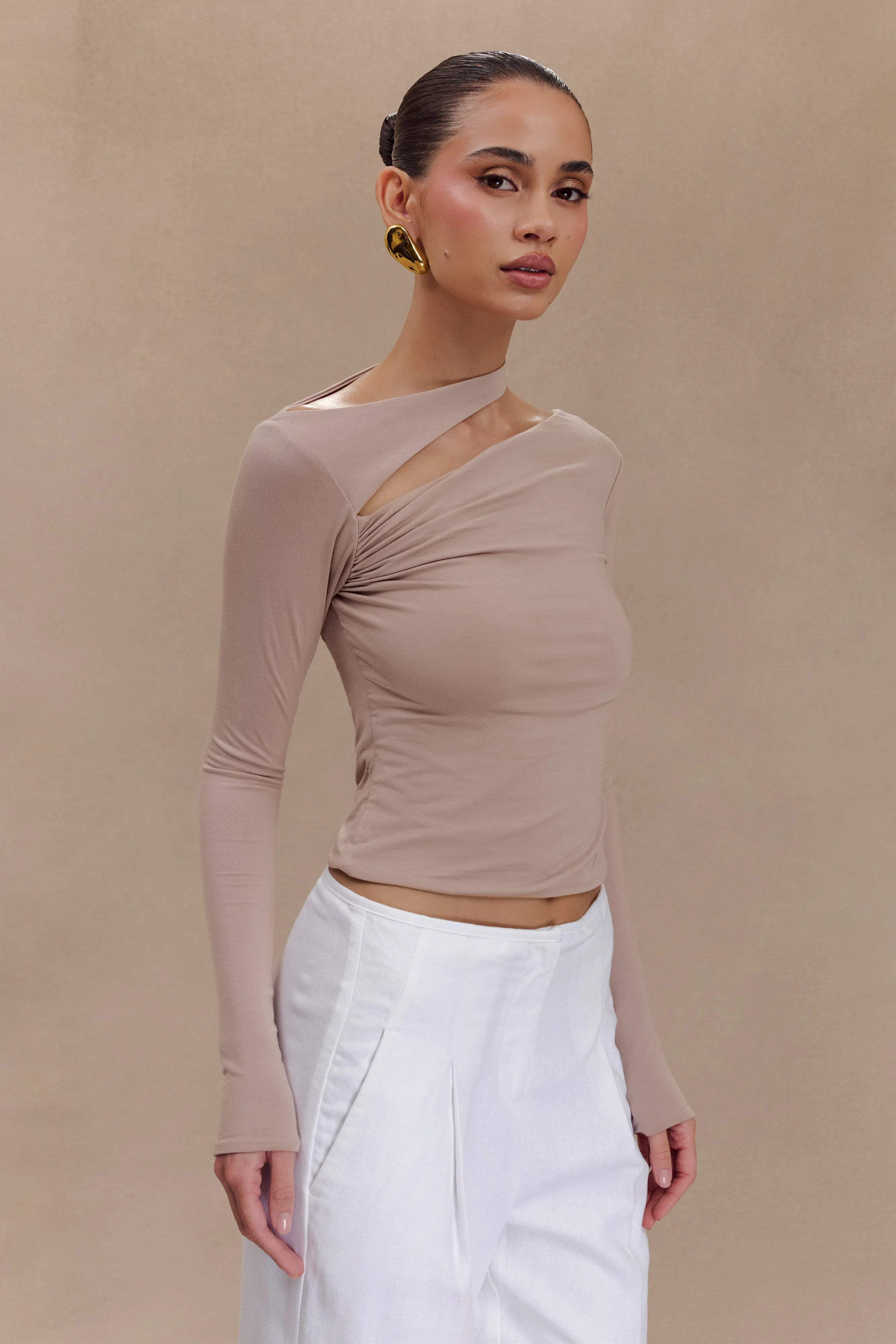 Sasha Modal Long Sleeve Top With Cut Out - Mushroom sold by Meshki product image thumbnail 3