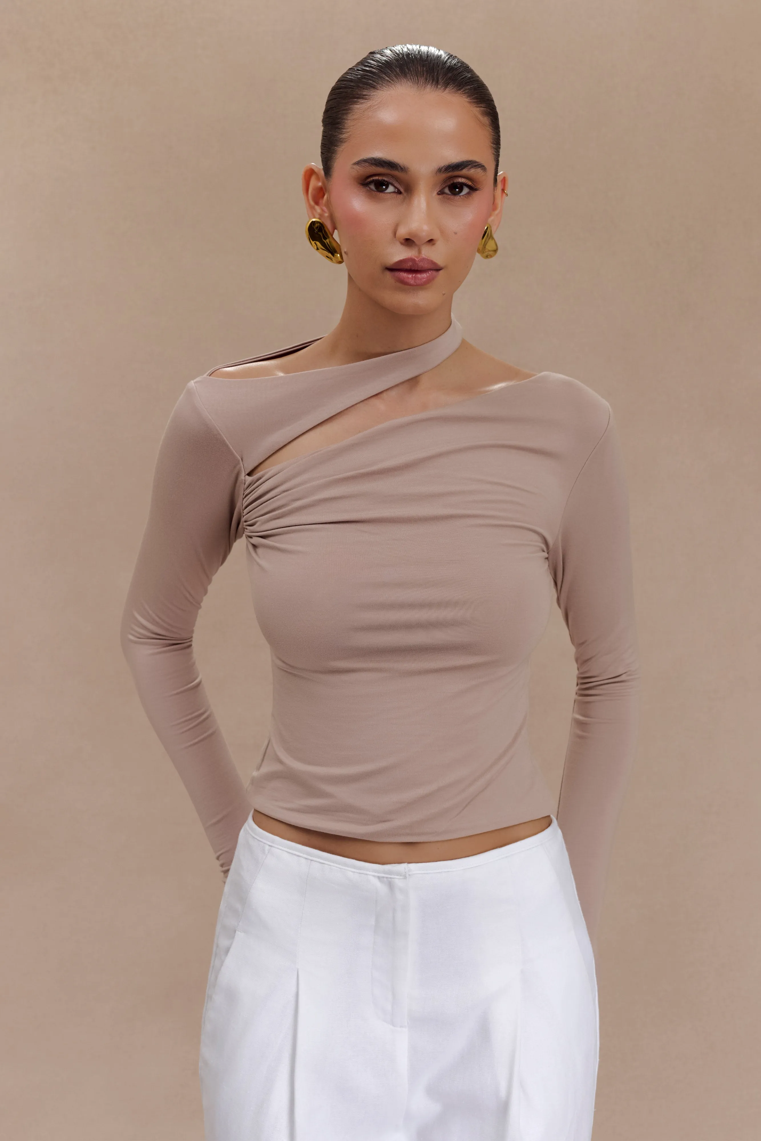 Sasha Modal Long Sleeve Top With Cut Out - Mushroom sold by Meshki