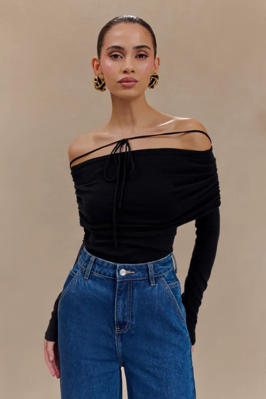 Polly Off Shoulder Long Sleeve Knit Top - Black sold by Meshki