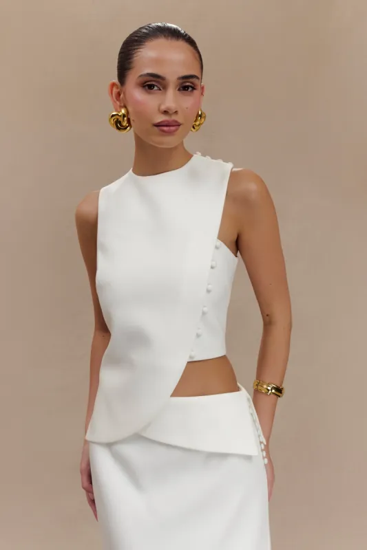 Astrid Asymmetric Sleeveless Suiting Top - White sold by Meshki