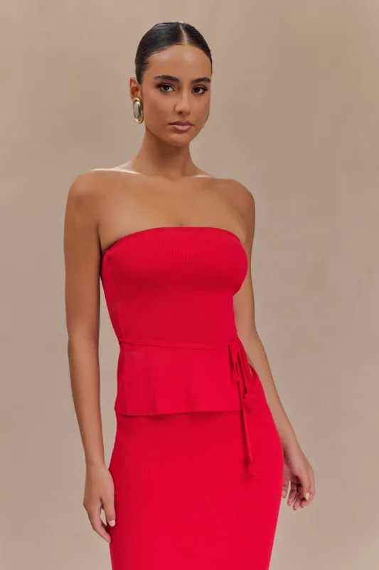 Keaton Strapless Rose Tie Knit Top - Red sold by Meshki