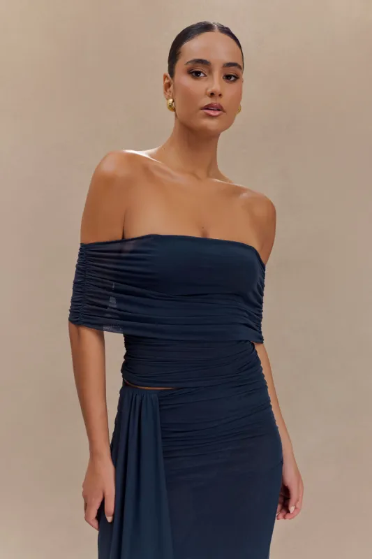 Arna Off Shoulder Mesh Crop Top - Midnight Blue sold by Meshki