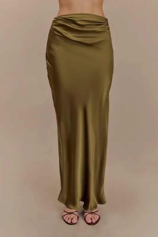 Nicola Satin Asymmetric Maxi Skirt - Basil sold by Meshki
