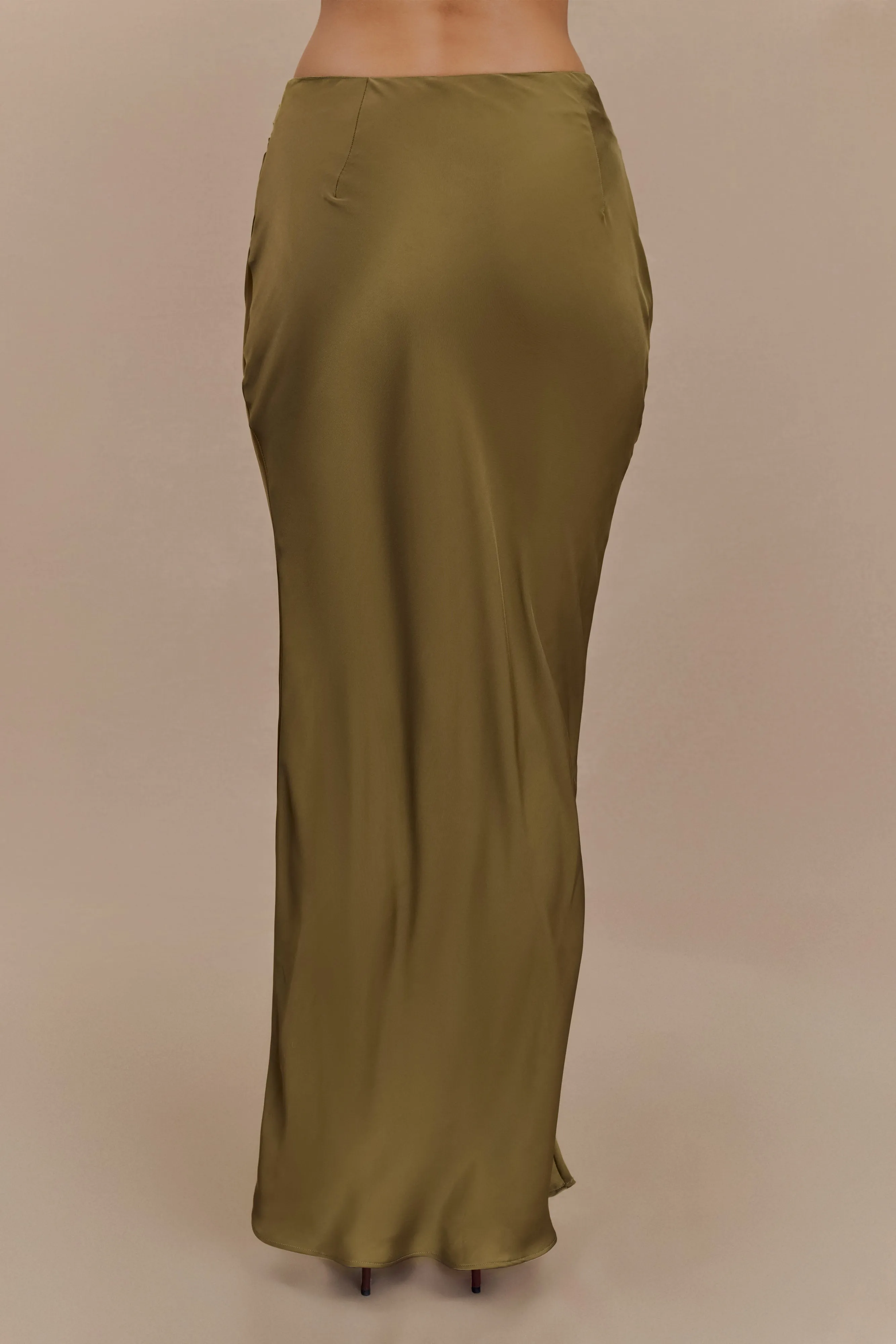 Nicola Satin Asymmetric Maxi Skirt - Basil sold by Meshki product image thumbnail 2