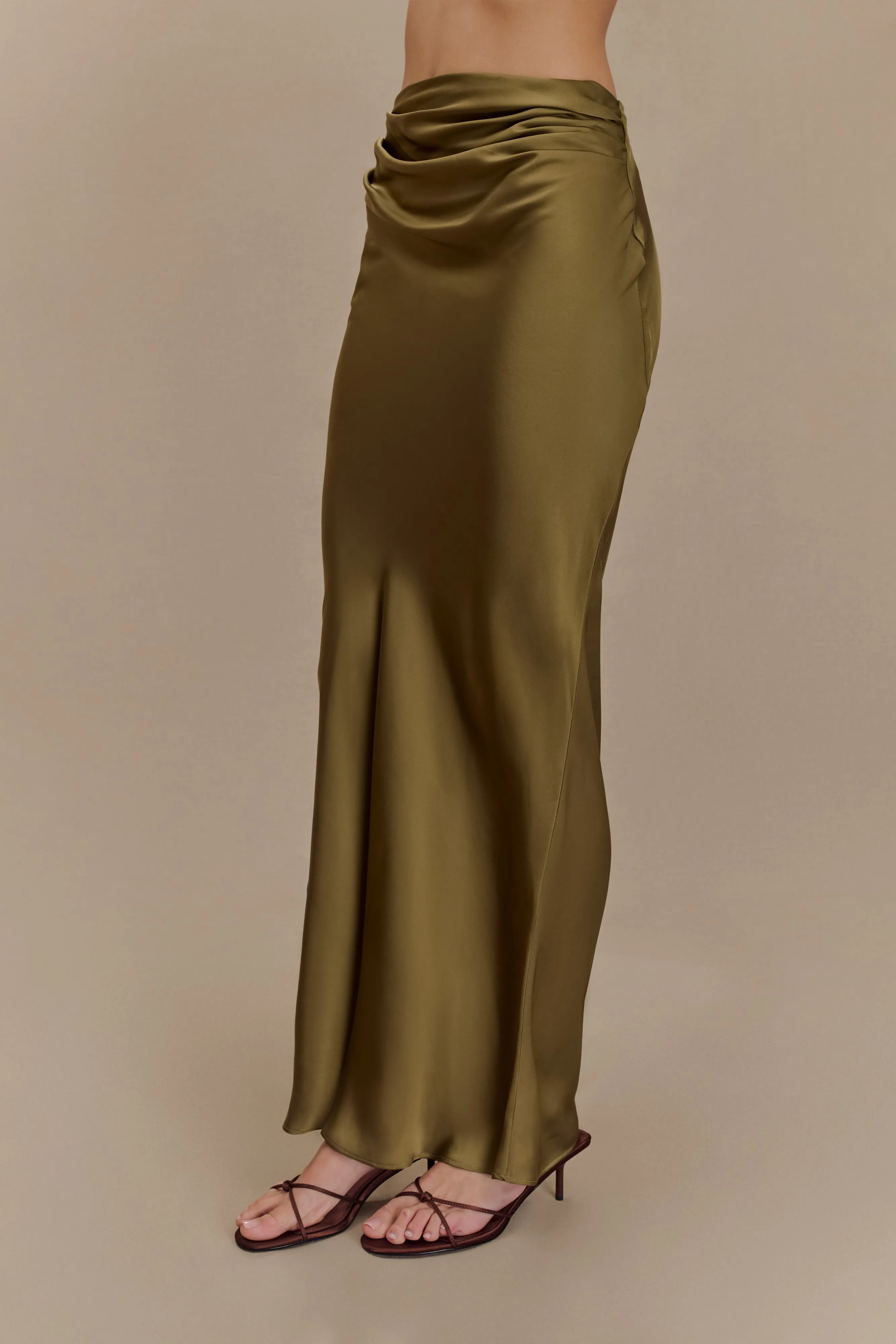 Nicola Satin Asymmetric Maxi Skirt - Basil sold by Meshki product image thumbnail 3