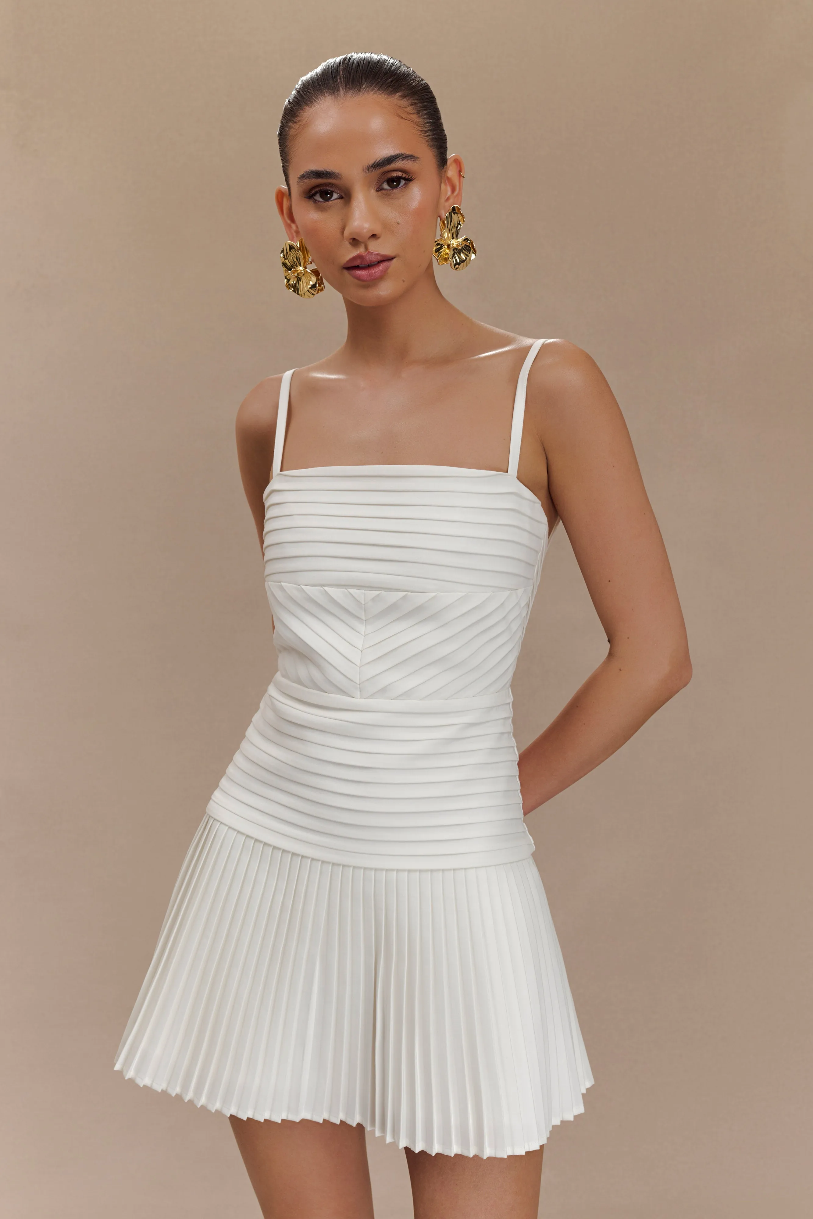 Rylee Multi Pleat Mini Dress - White sold by Meshki