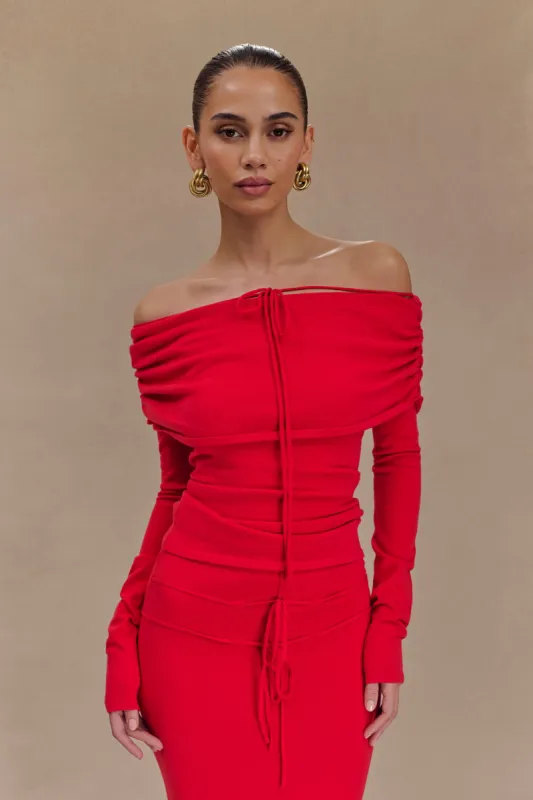 Polly Off Shoulder Long Sleeve Knit Top - Red sold by Meshki