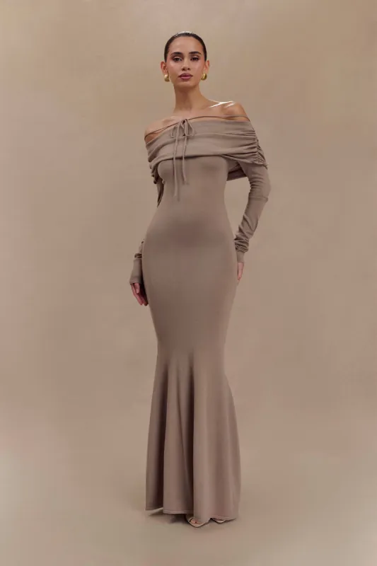 Georgiana Off Shoulder Knit Midi Dress - Stone Marle sold by Meshki