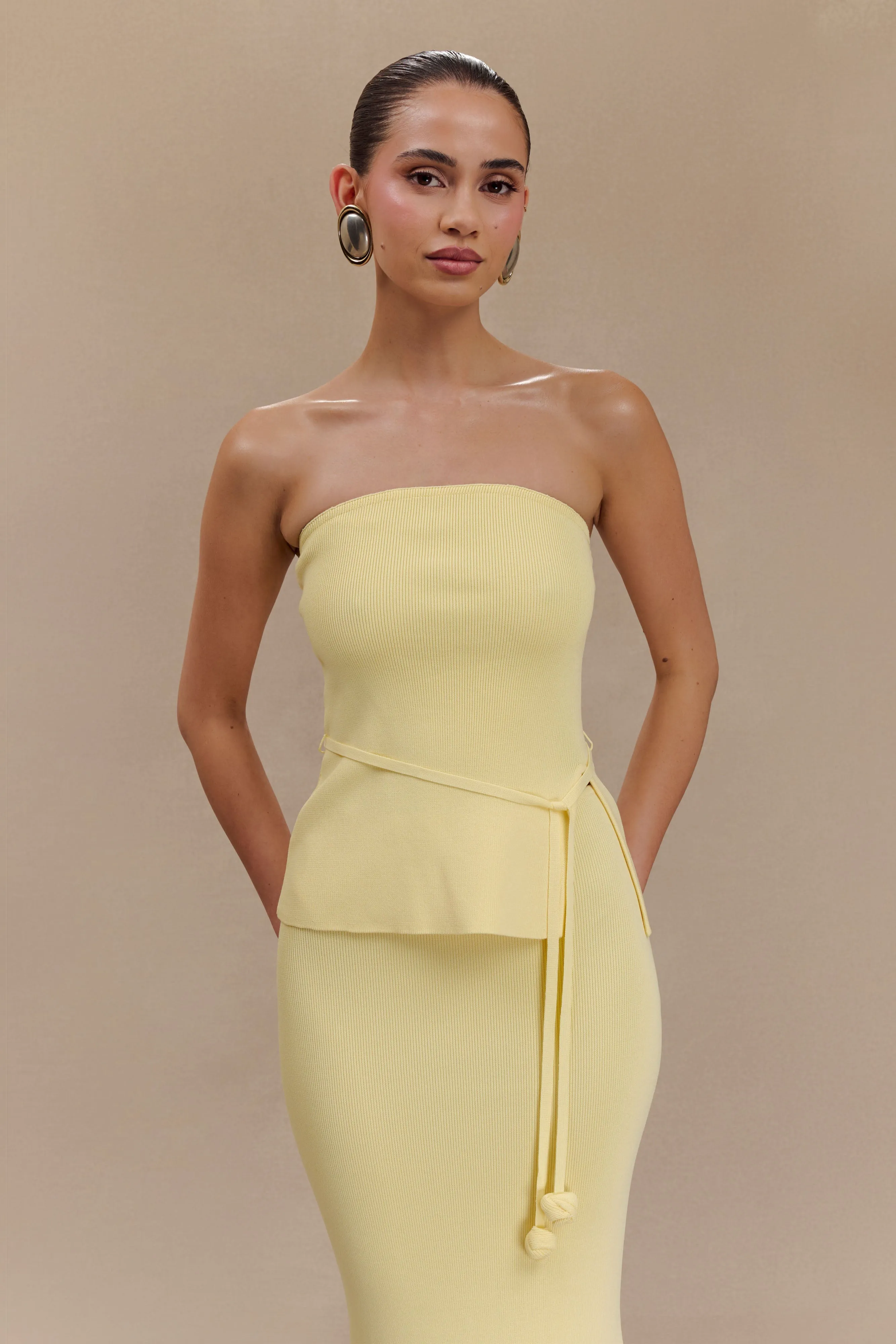 Keaton Strapless Rose Tie Knit Top - Lemon sold by Meshki