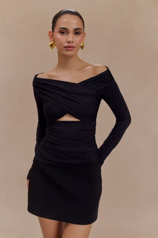Jaden Off Shoulder Recycled Nylon Top - Black sold by Meshki