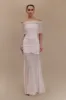 Caspian Slinky And Mesh Off Shoulder Maxi Dress - Pale Pink sold by Meshki