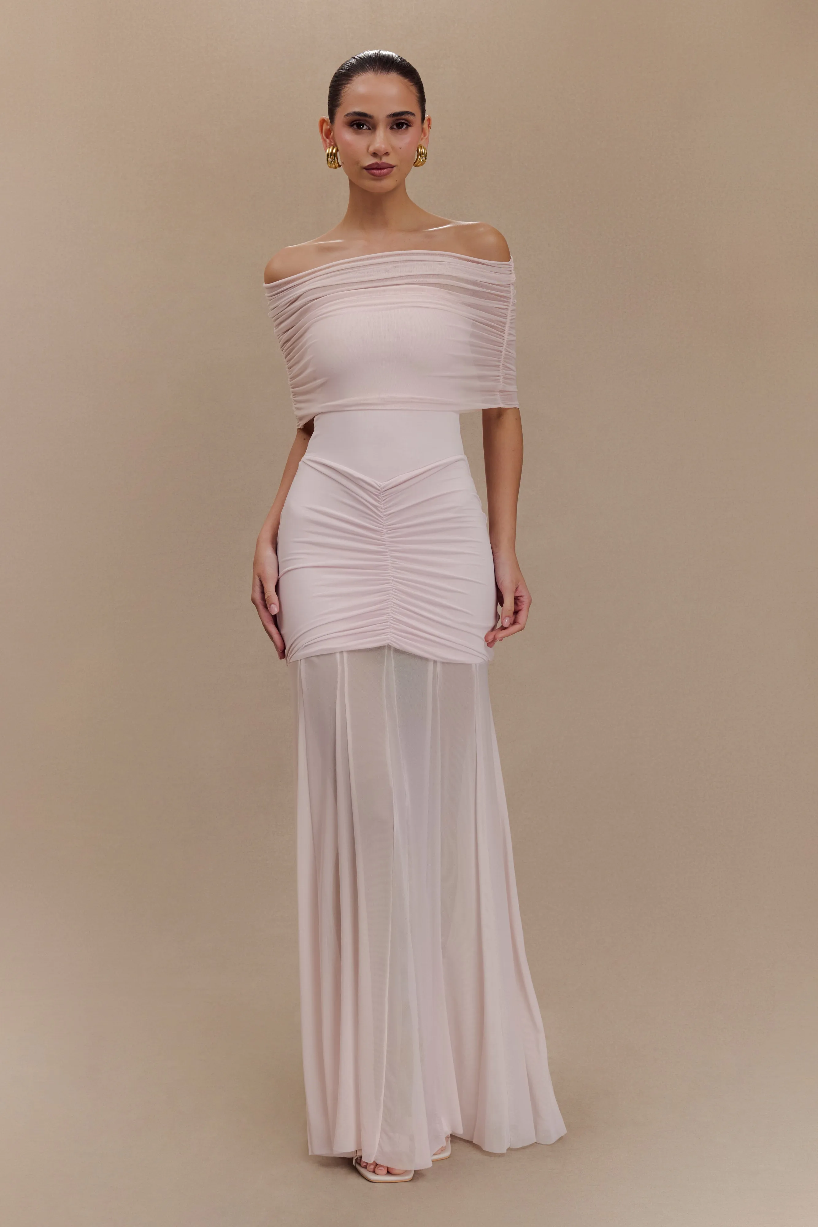 Caspian Slinky And Mesh Off Shoulder Maxi Dress - Pale Pink sold by Meshki
