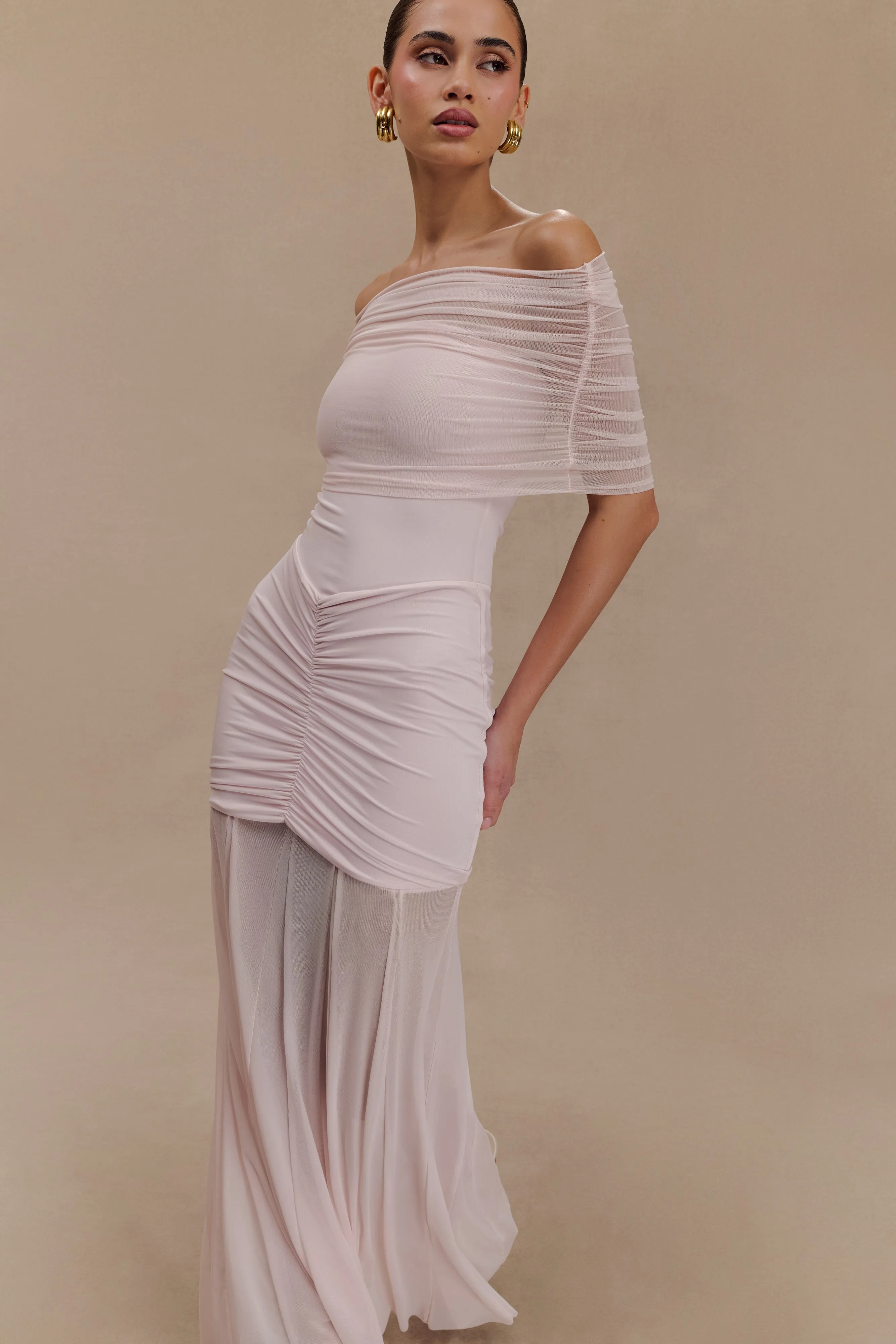 Caspian Slinky And Mesh Off Shoulder Maxi Dress - Pale Pink sold by Meshki product image thumbnail 5