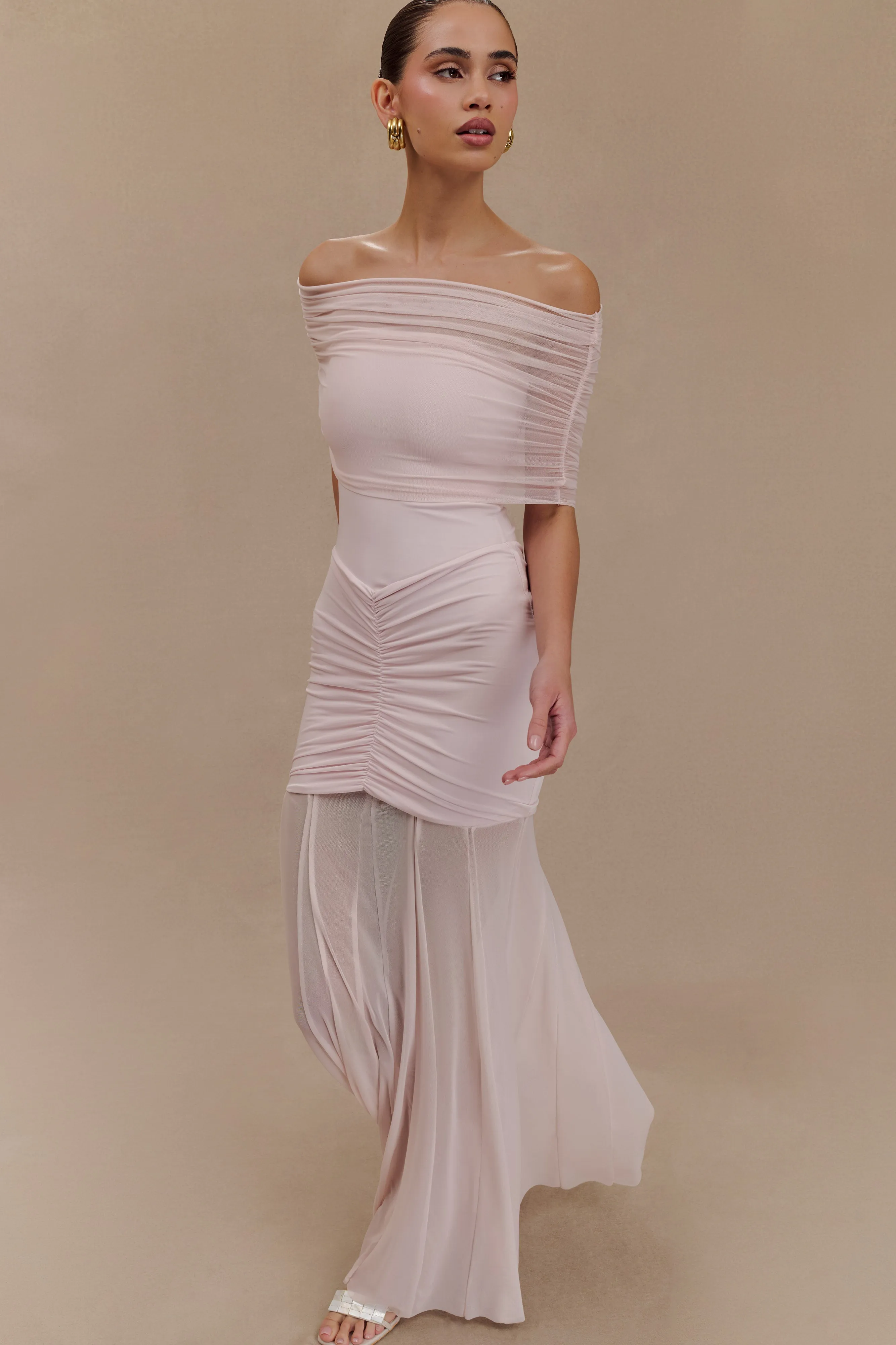 Caspian Slinky And Mesh Off Shoulder Maxi Dress - Pale Pink sold by Meshki product image thumbnail 3