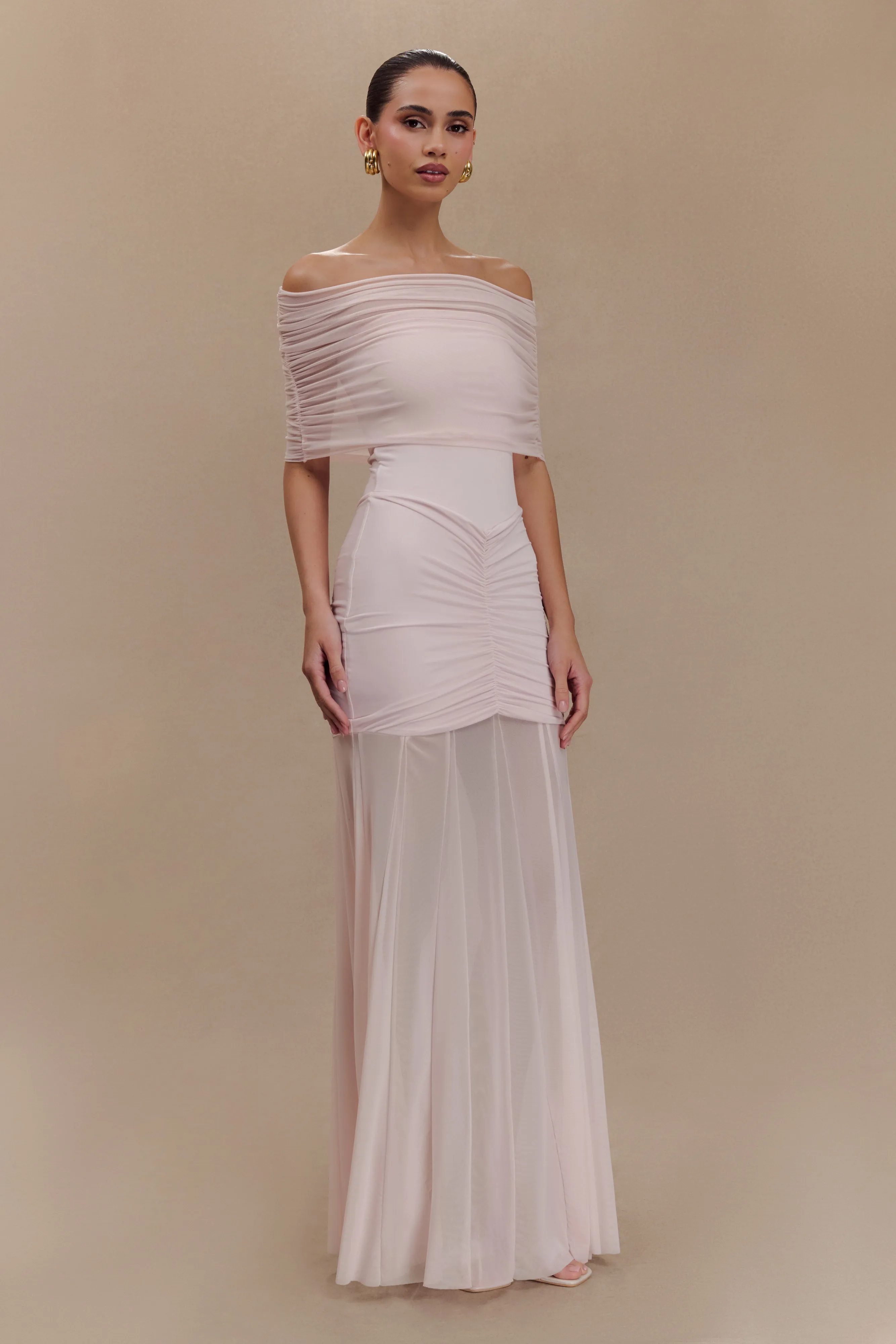 Caspian Slinky And Mesh Off Shoulder Maxi Dress - Pale Pink sold by Meshki product image thumbnail 4