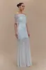Caspian Slinky And Mesh Off Shoulder Maxi Dress - Pale Blue sold by Meshki