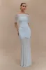 Caspian Slinky And Mesh Off Shoulder Maxi Dress - Pale Blue sold by Meshki