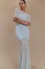 Caspian Slinky And Mesh Off Shoulder Maxi Dress - Pale Blue sold by Meshki