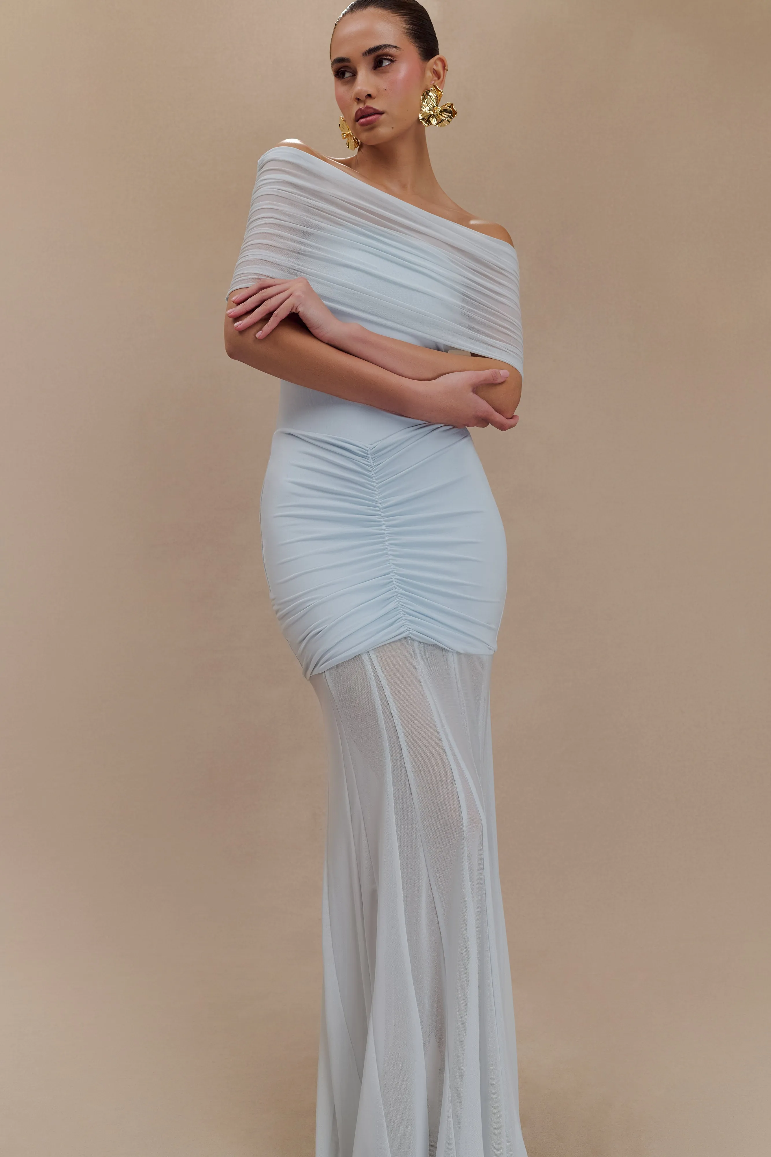 Caspian Slinky And Mesh Off Shoulder Maxi Dress - Pale Blue sold by Meshki product image thumbnail 5