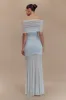 Caspian Slinky And Mesh Off Shoulder Maxi Dress - Pale Blue sold by Meshki
