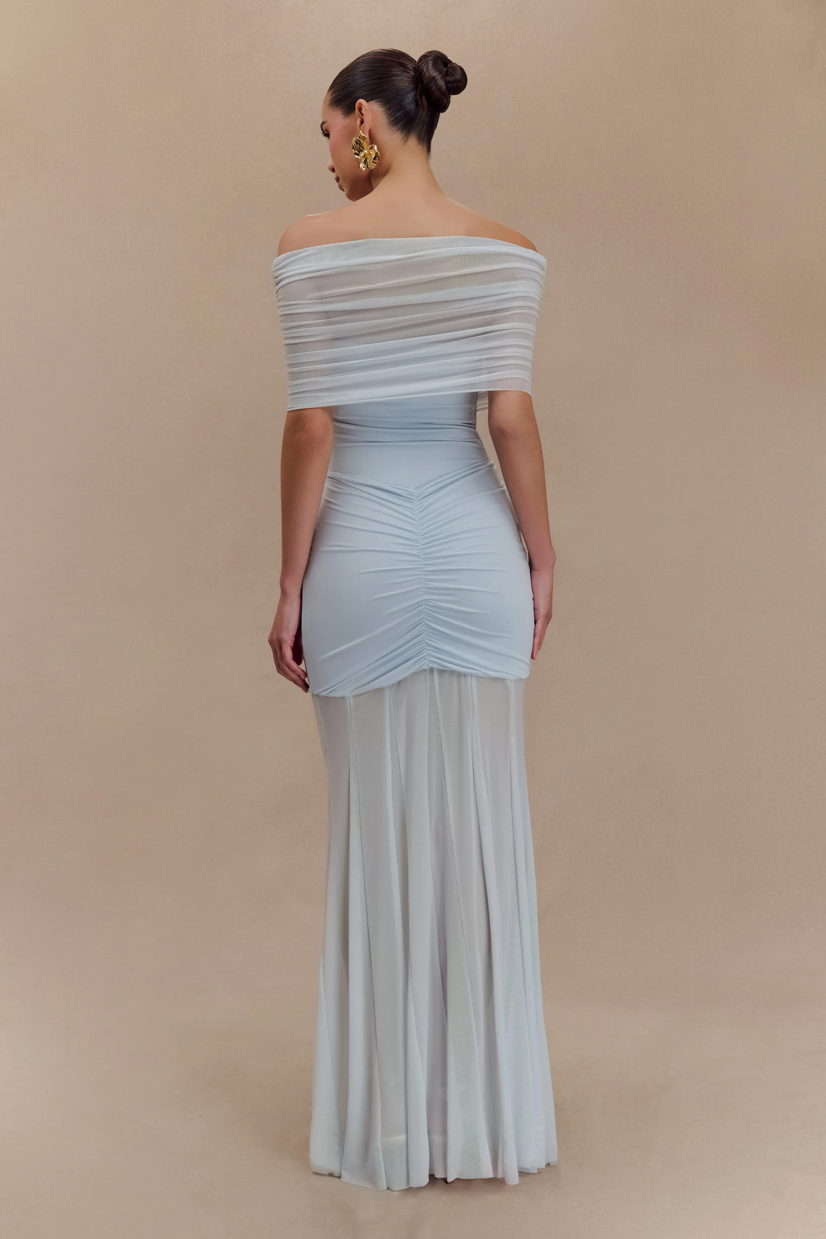 Caspian Slinky And Mesh Off Shoulder Maxi Dress - Pale Blue sold by Meshki product image thumbnail 2