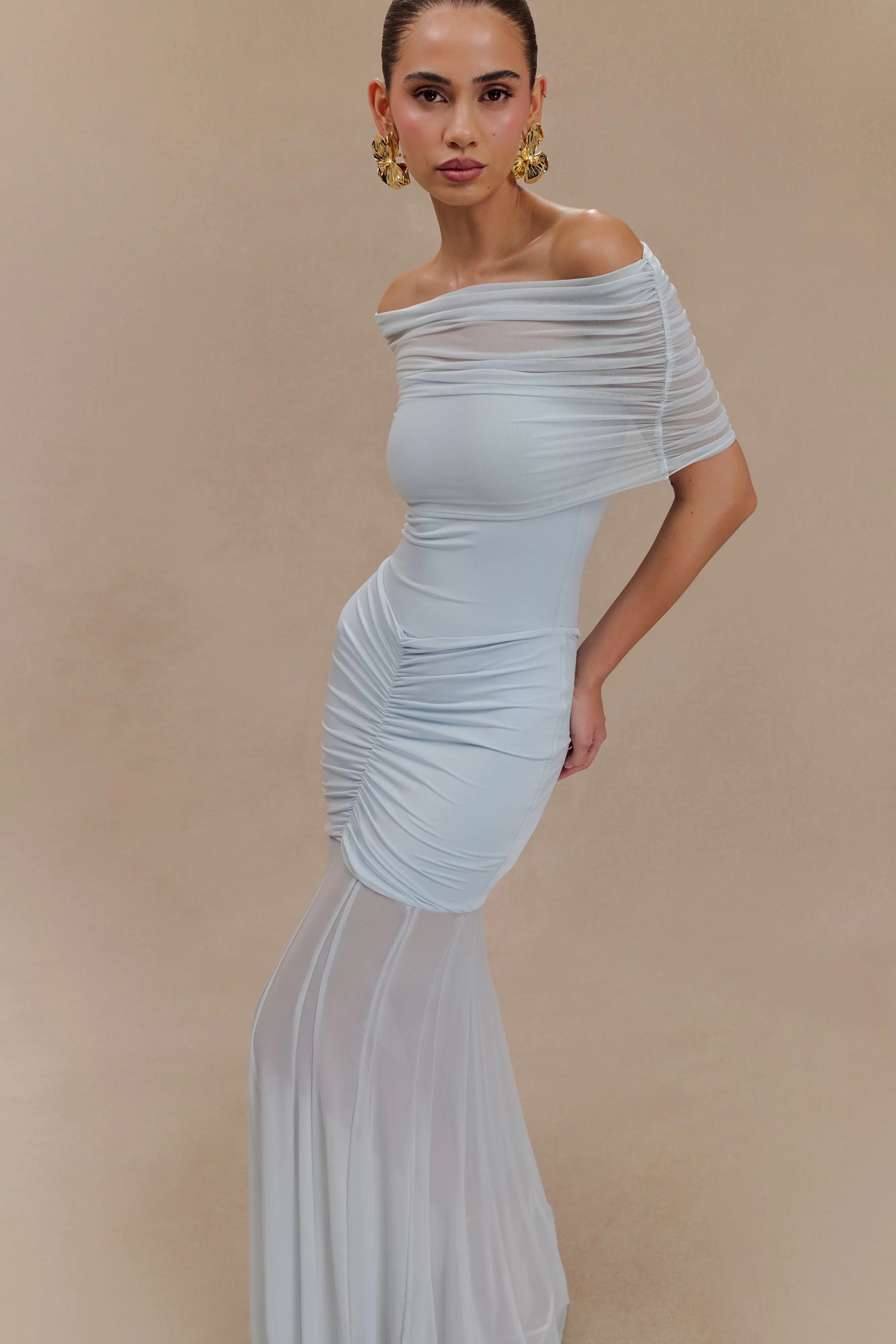 Caspian Slinky And Mesh Off Shoulder Maxi Dress - Pale Blue sold by Meshki product image thumbnail 3