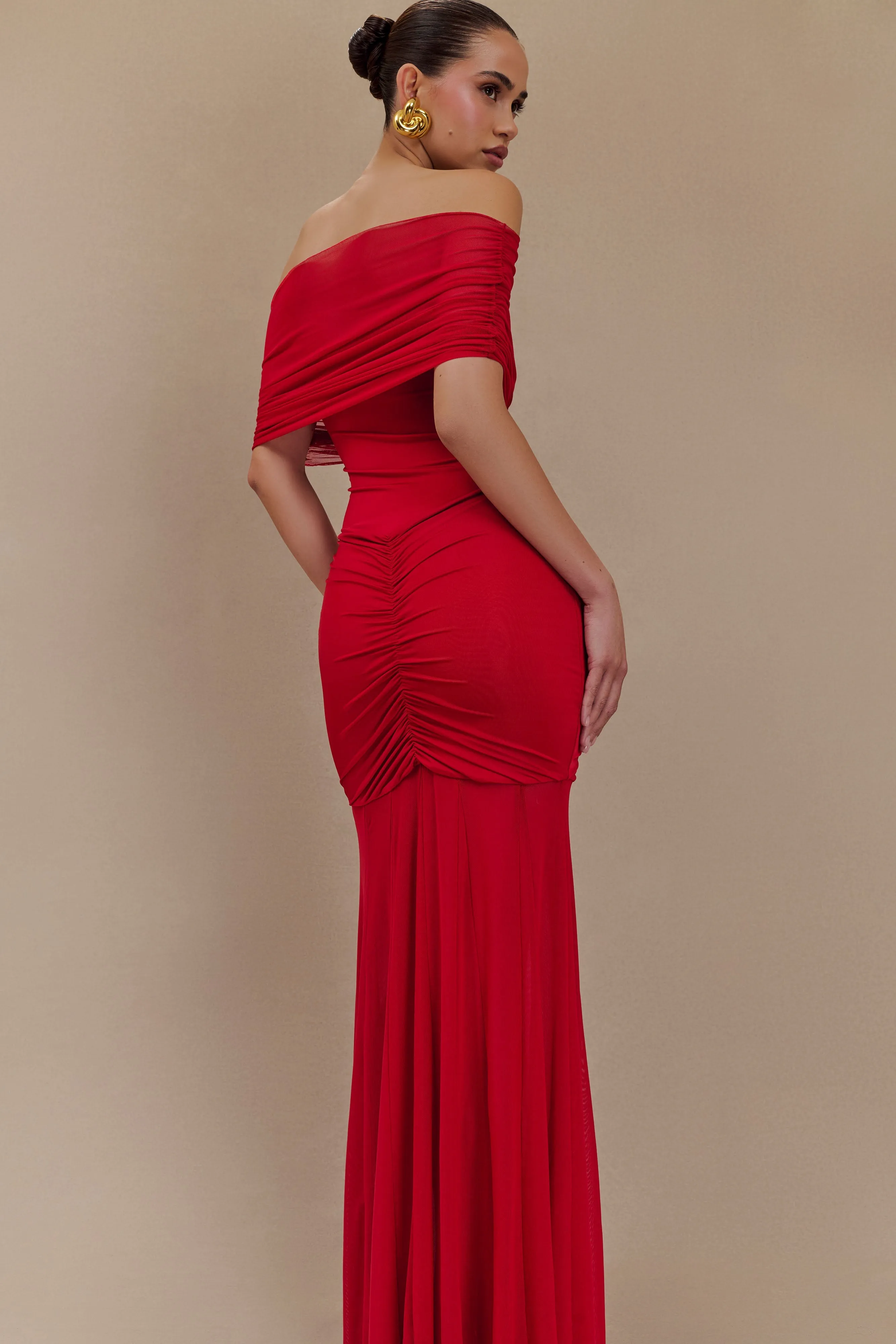 Caspian Slinky And Mesh Off Shoulder Maxi Dress - Ruby Red sold by Meshki product image thumbnail 5