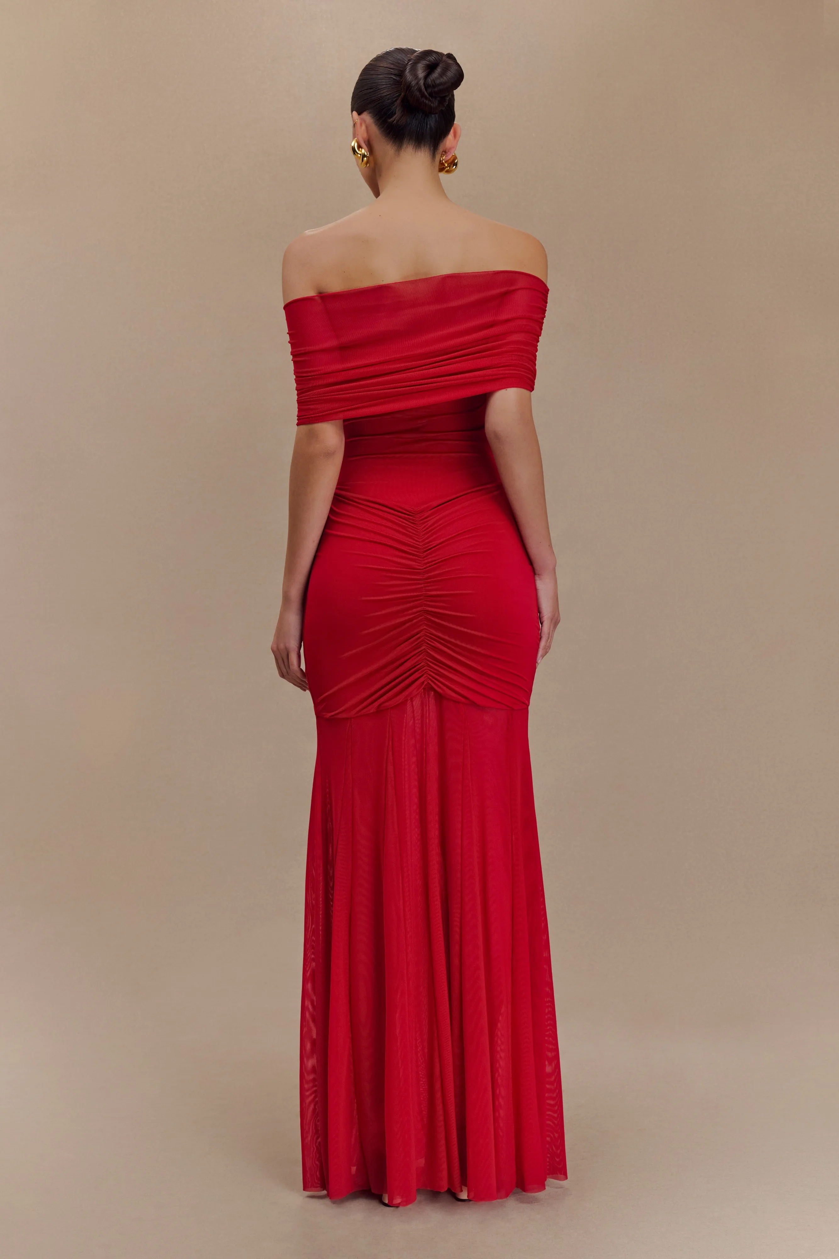 Caspian Slinky And Mesh Off Shoulder Maxi Dress - Ruby Red sold by Meshki product image thumbnail 2