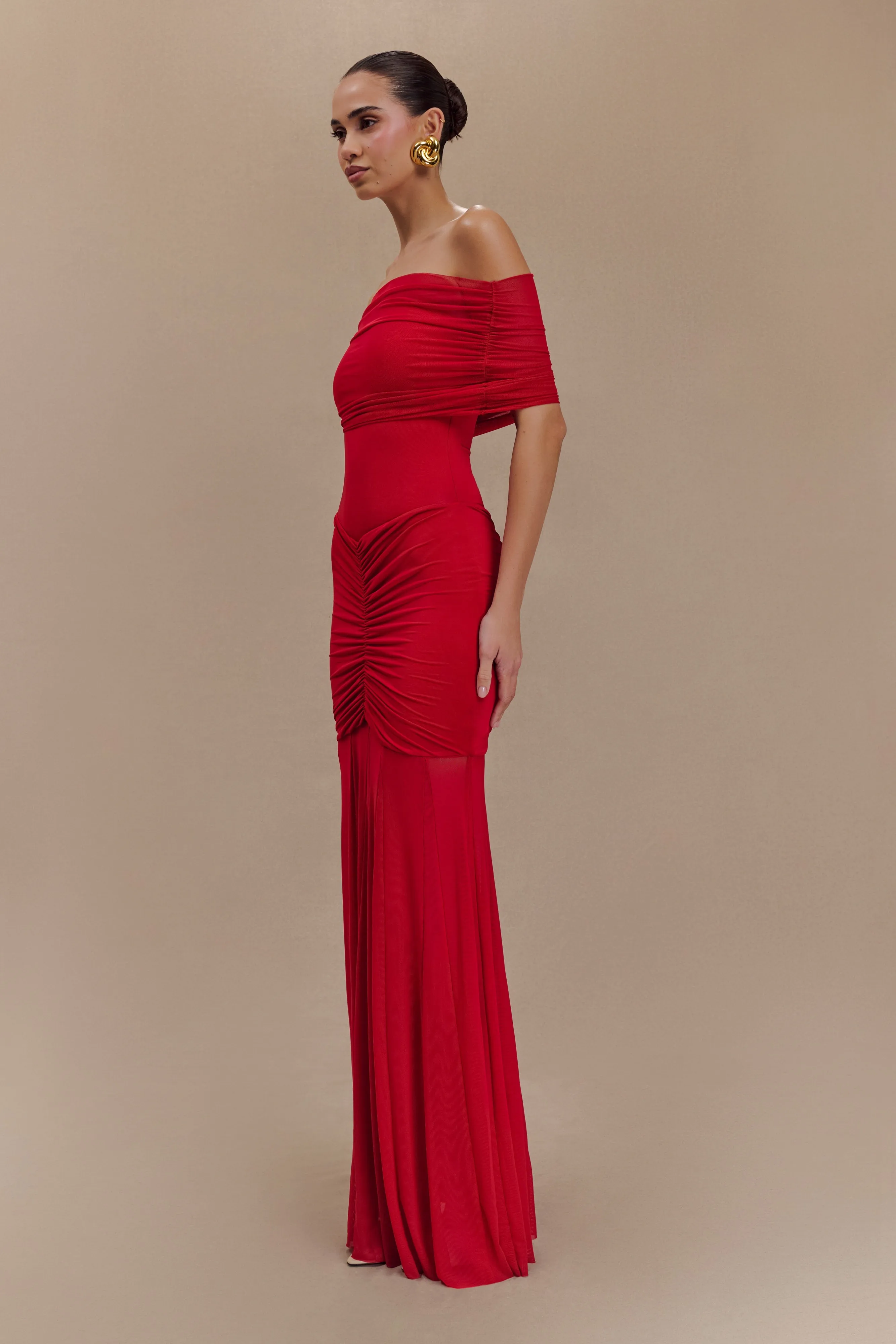Caspian Slinky And Mesh Off Shoulder Maxi Dress - Ruby Red sold by Meshki product image thumbnail 3