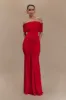 Caspian Slinky And Mesh Off Shoulder Maxi Dress - Ruby Red sold by Meshki