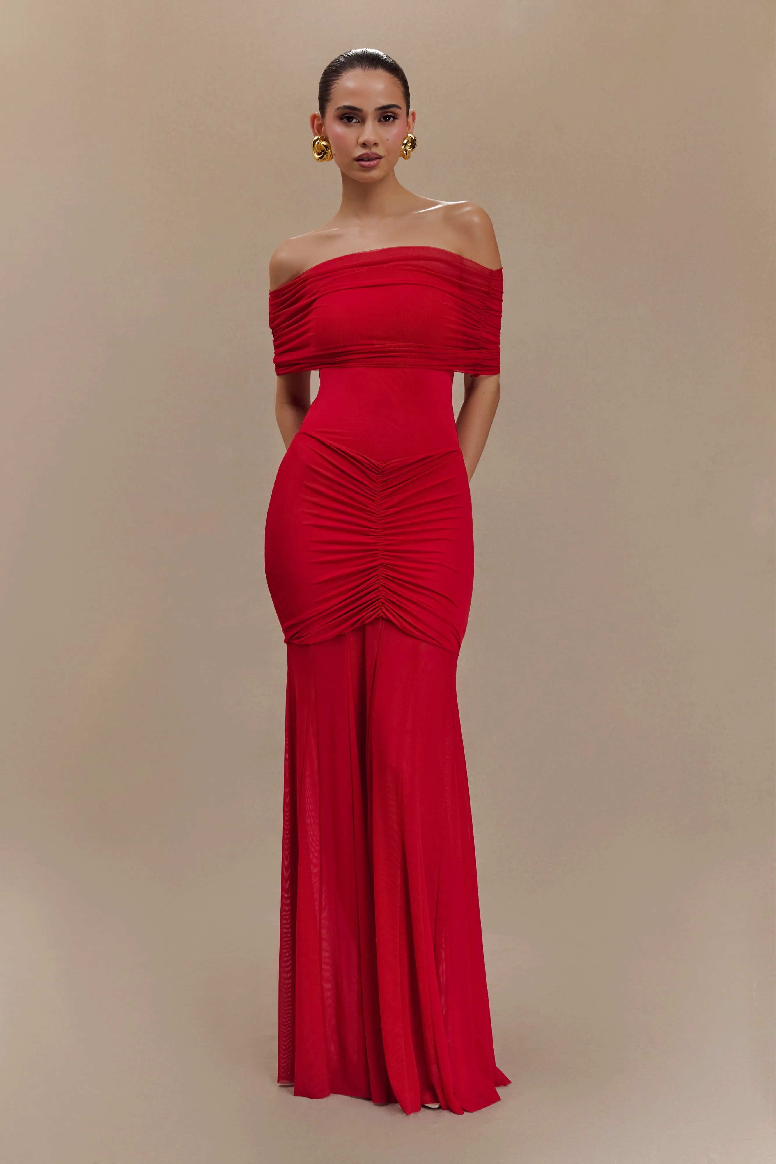 Caspian Slinky And Mesh Off Shoulder Maxi Dress - Ruby Red sold by Meshki product image thumbnail 4